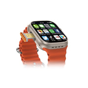 A gold-colored Telzeal TC5G smartwatch with a red strap and a digital display showing the time and various smartphone app icons.
