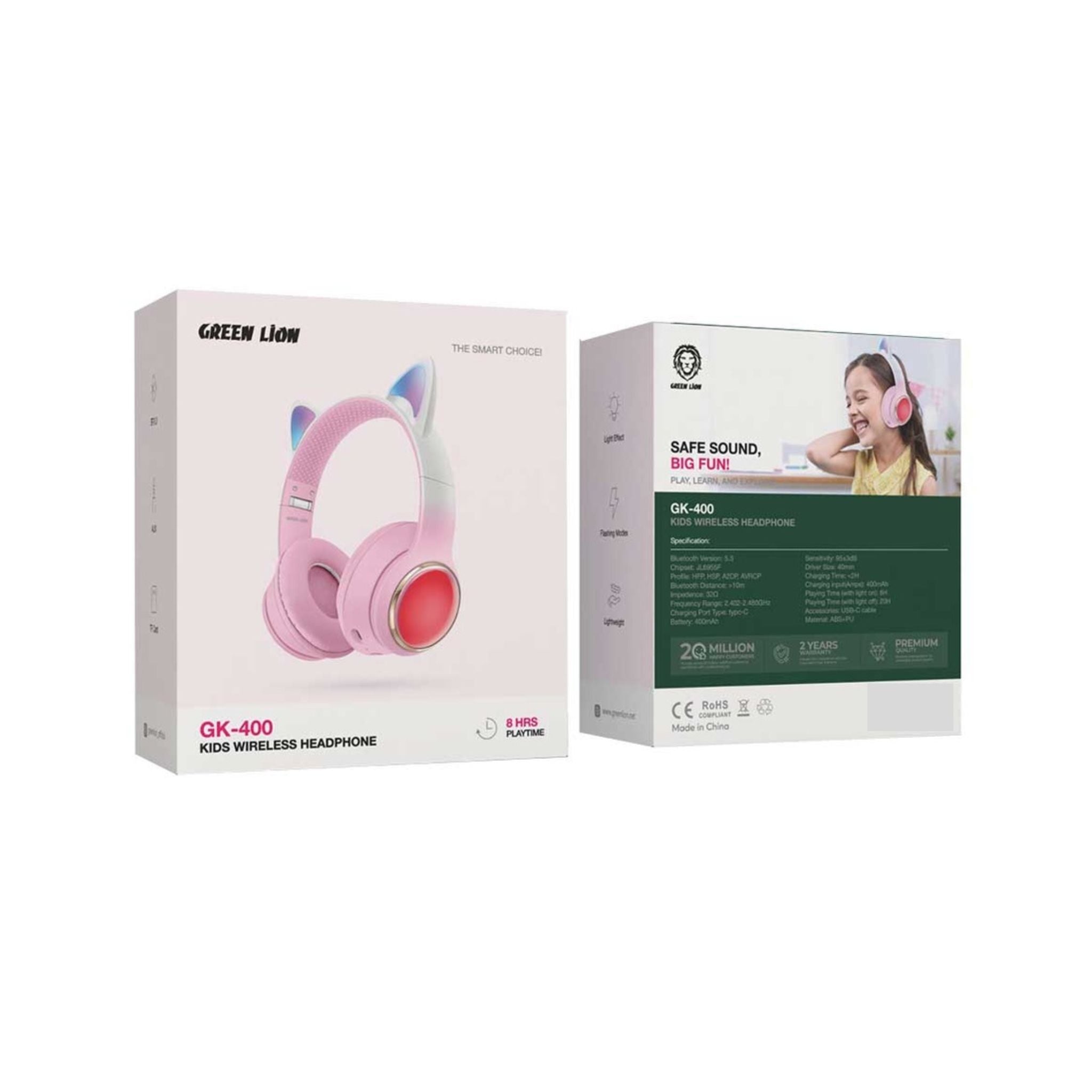 GREEN LION GL-400 Kids Wireless Headphones with Light Effect & Flashing Modes, Up to 20 Hours Working Time, Bluetooth Version 5.3, Lightweight Design - Pink