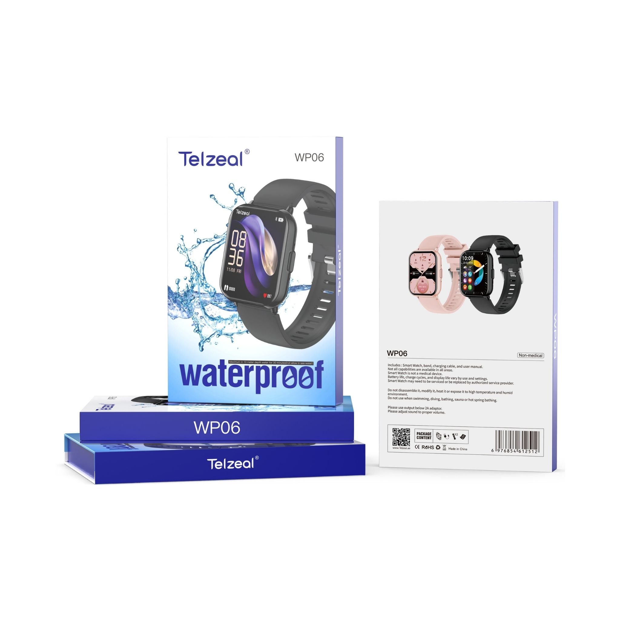 Telzeal WP06 Smartwatch with Full-Touch Color Display, Waterproof Design, Multiple Watch Faces, Stylish & Comfortable Wear – Black