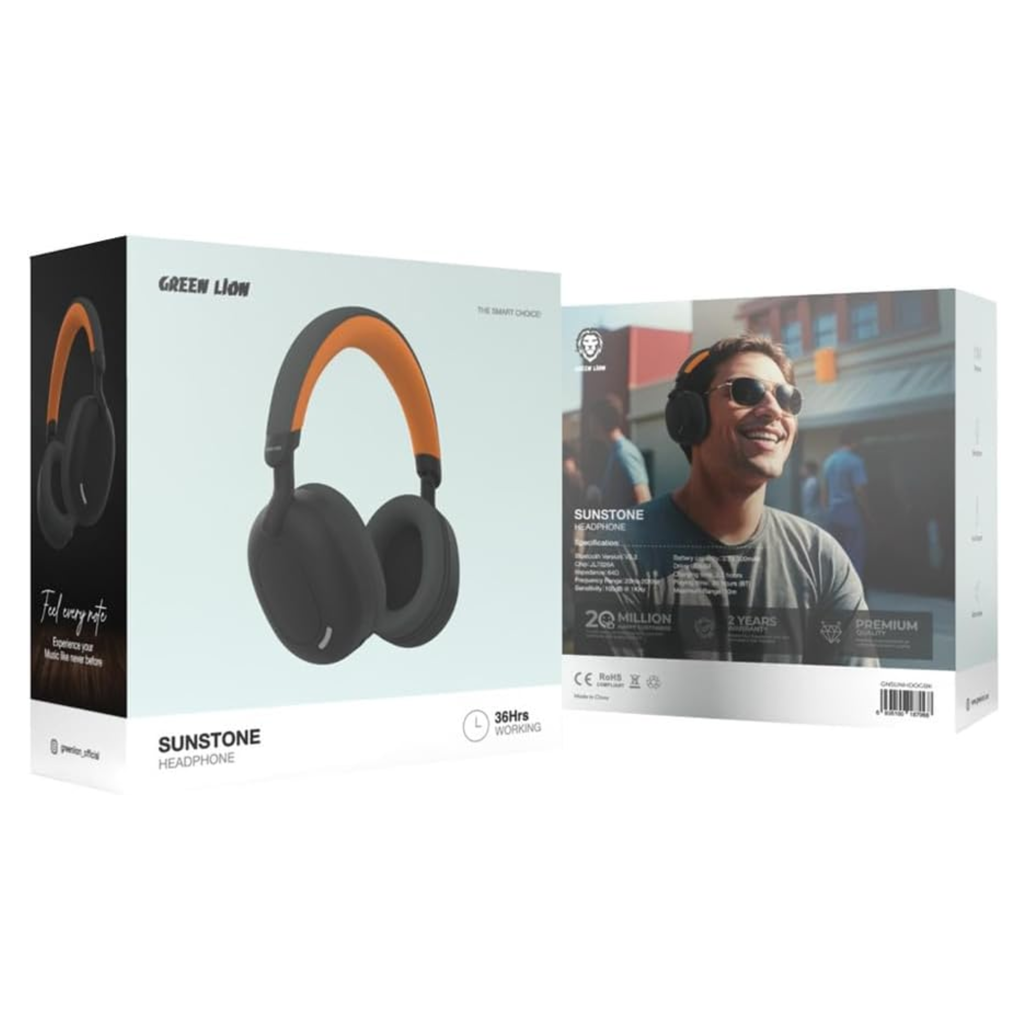Green Lion Sunstone Headphone,AUX Support,40mm Driver,10M Distance,36H Working Time,2.5H Charging Time,Built-In Microphone,Bluetooth V5.3,Fit & Comfortable - Black/Orange