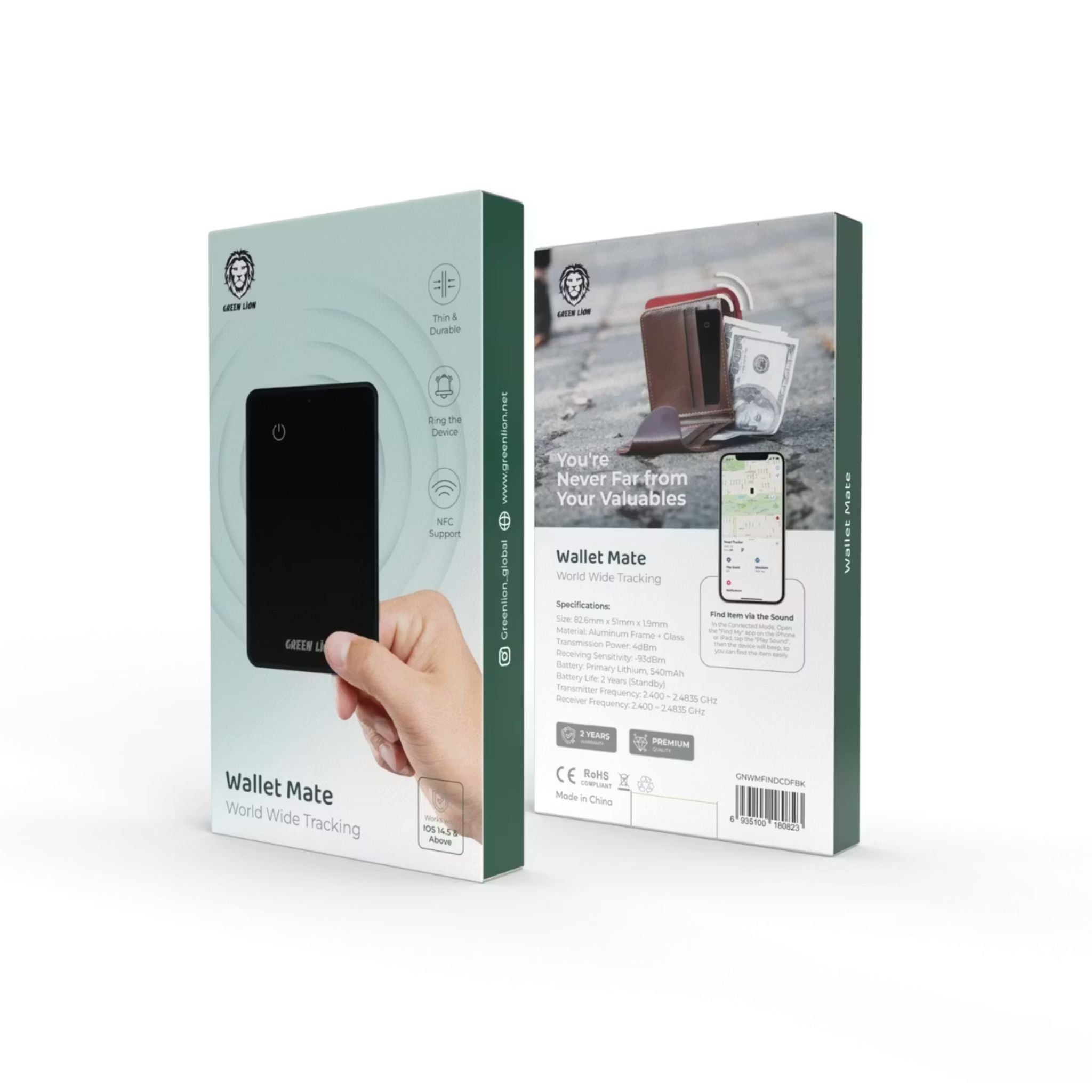 Green Lion Wallet Mate Card Finder with Aluminum Frame & Glass Material, 540mAh Battery Capacity, Primary Lithium Battery Type, Water Resistant, Thin & Durable, 2 Years Battery Life - Black