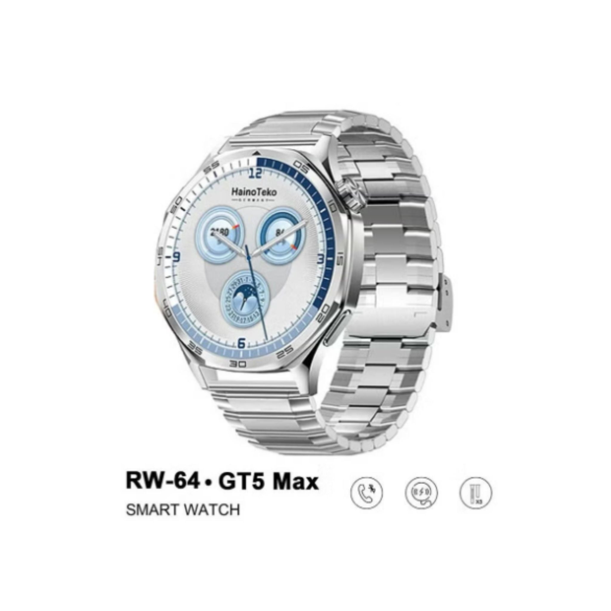 Haino Teko RW-64 GT5 Max Smartwatch with Large AMOLED Display, Voice Assistant, 3 Pair Straps – Stylish and Functional Smartwatch for Men- Blue
