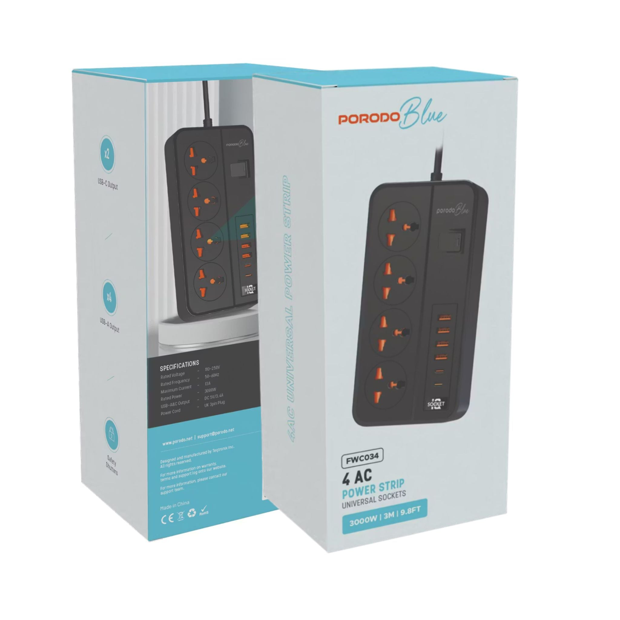 Porodo 4 AC Universal Power Strip with ×4 USB-A & ×2 USB-C Ports, 3000W Rated Power, 3m Cable Length, UK 3-Pin Power Plug, Premium Materials, Safety Shutters - Black