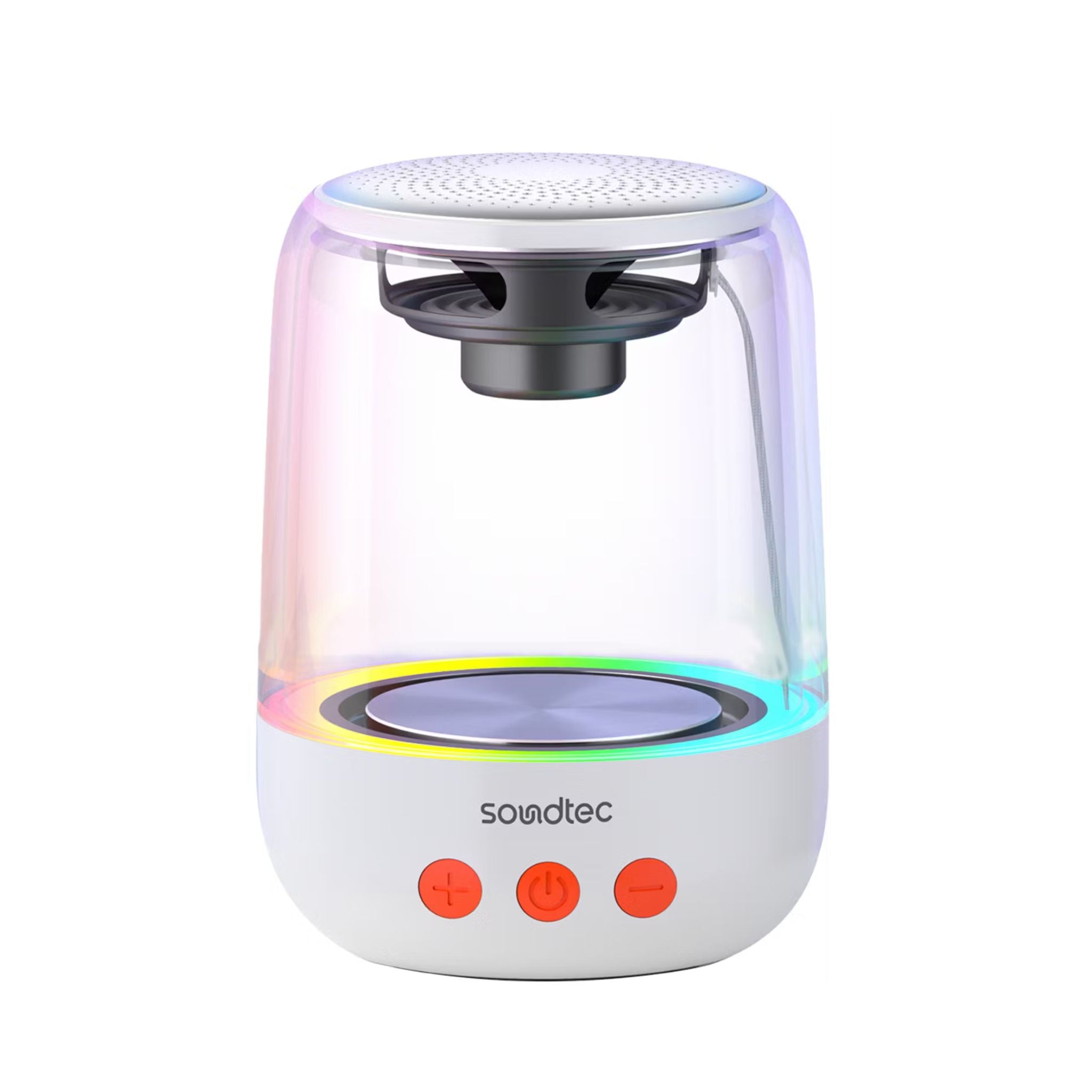 Soundtec speaker with colorful light effects on a white background
