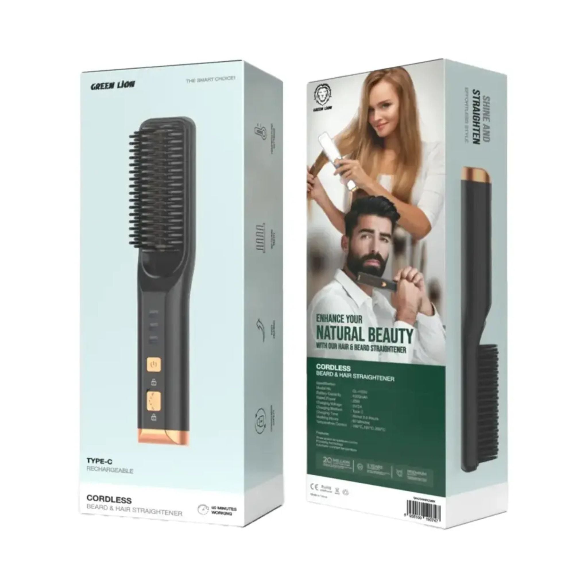 Green Lion Cordless Beard & Hair Straightener, Heating Fast, 3D Comb Teeth, Convenient Safety, Three-Speed Temperature Control, 40 Minutes Working Time - Black