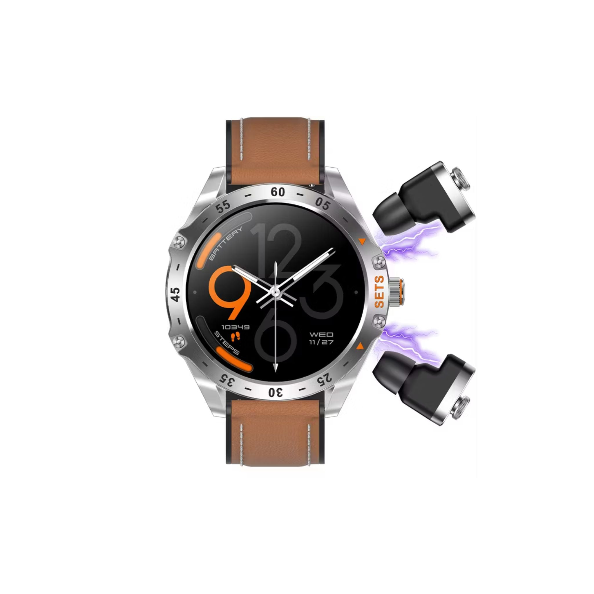 Porodo Hype Smart Watch with Wireless Earbuds and Brown Leather Band, Compatible with Android 5.0, iOS 10.0 and Above_Silver