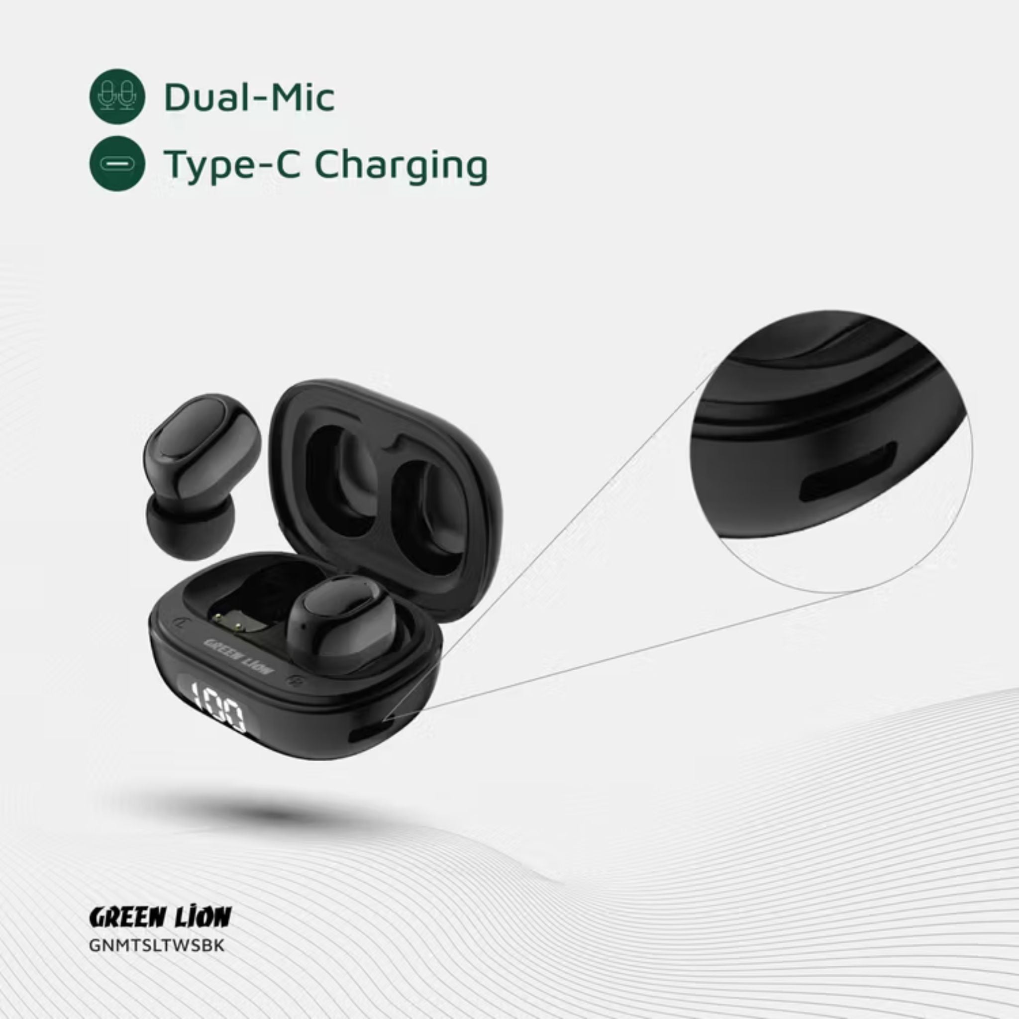 Green Lion Mittersill True Wireless Earbuds with ENC, Up to 6 Hours Playtime, IPX5 Waterproof Resistance Level, Bluetooth Version 5.4, Up to 10m Transmission Range, Type-C Charging Port, Dual-Microphone, Strap Included