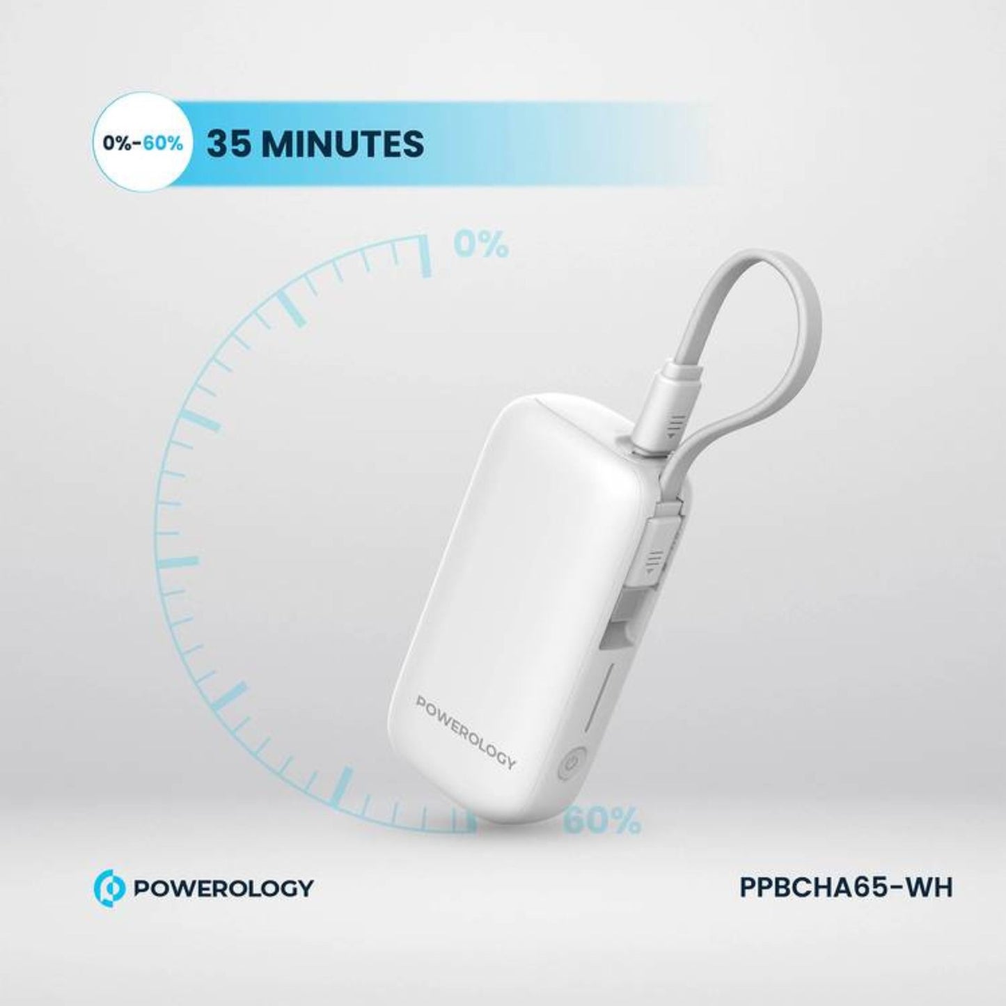 Powerology 5000mAh Power Bank with Removable USB-C Wire, Advanced Charging Technology, 2-Device Charging, Compact & Portable, Built-in Safeguards, 20W Power Delivery - White