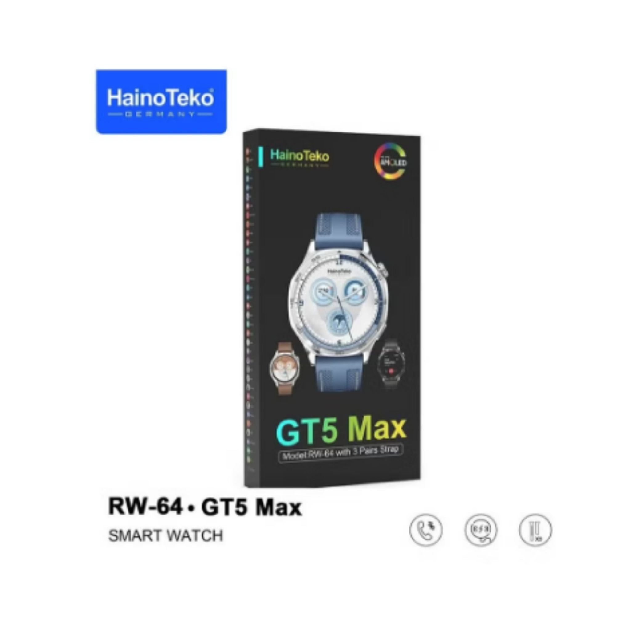 Haino Teko RW-64 GT5 Max Smartwatch with Large AMOLED Display, Voice Assistant, 3 Pair Straps – Stylish and Functional Smartwatch for Men- Blue