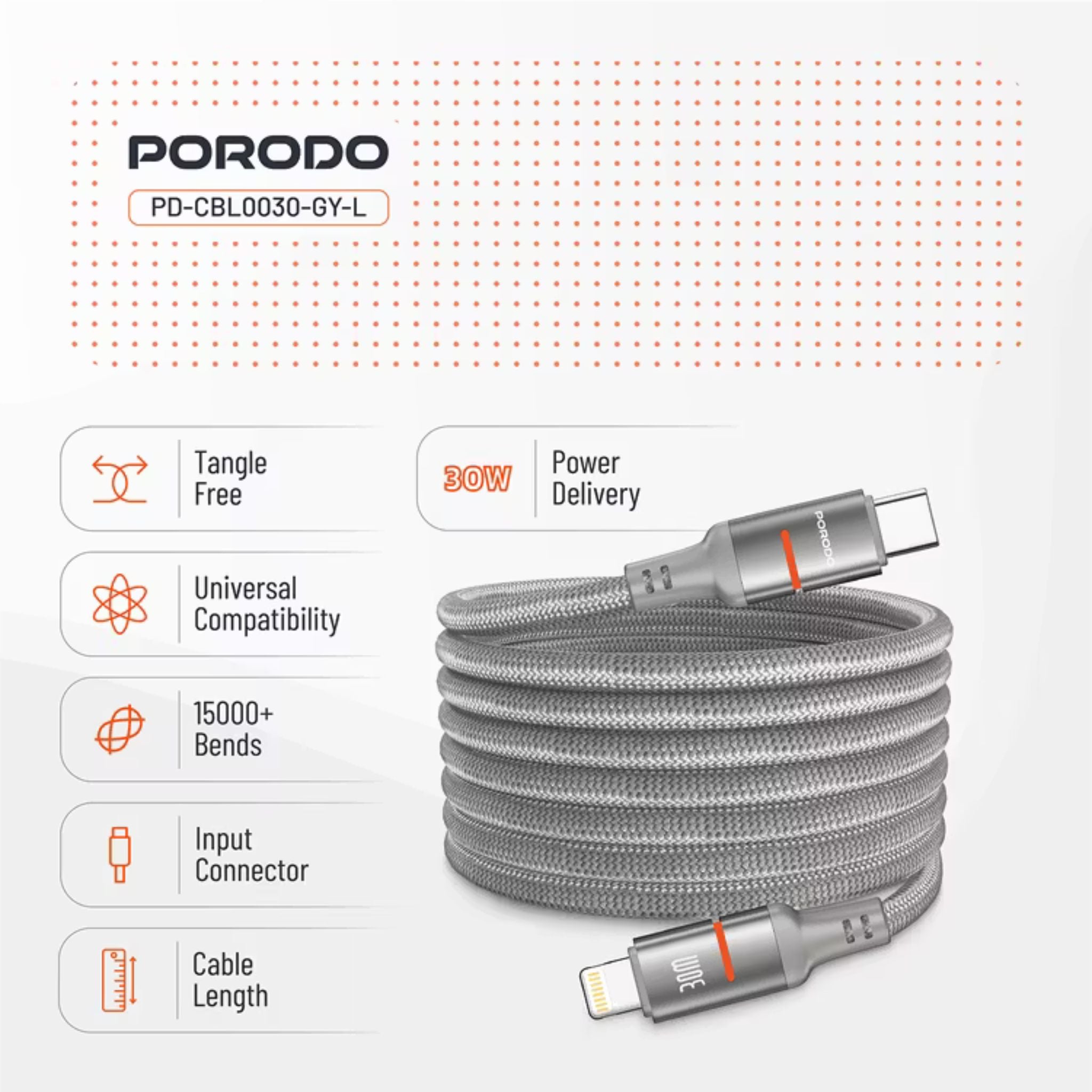 Porodo Type-C to Lightning Magnetic Braided Cable with 30W Power Delivery, 1.2m Cable Length, More than 15,000 Bends Lifespan, Tangle-Free Design - Gray