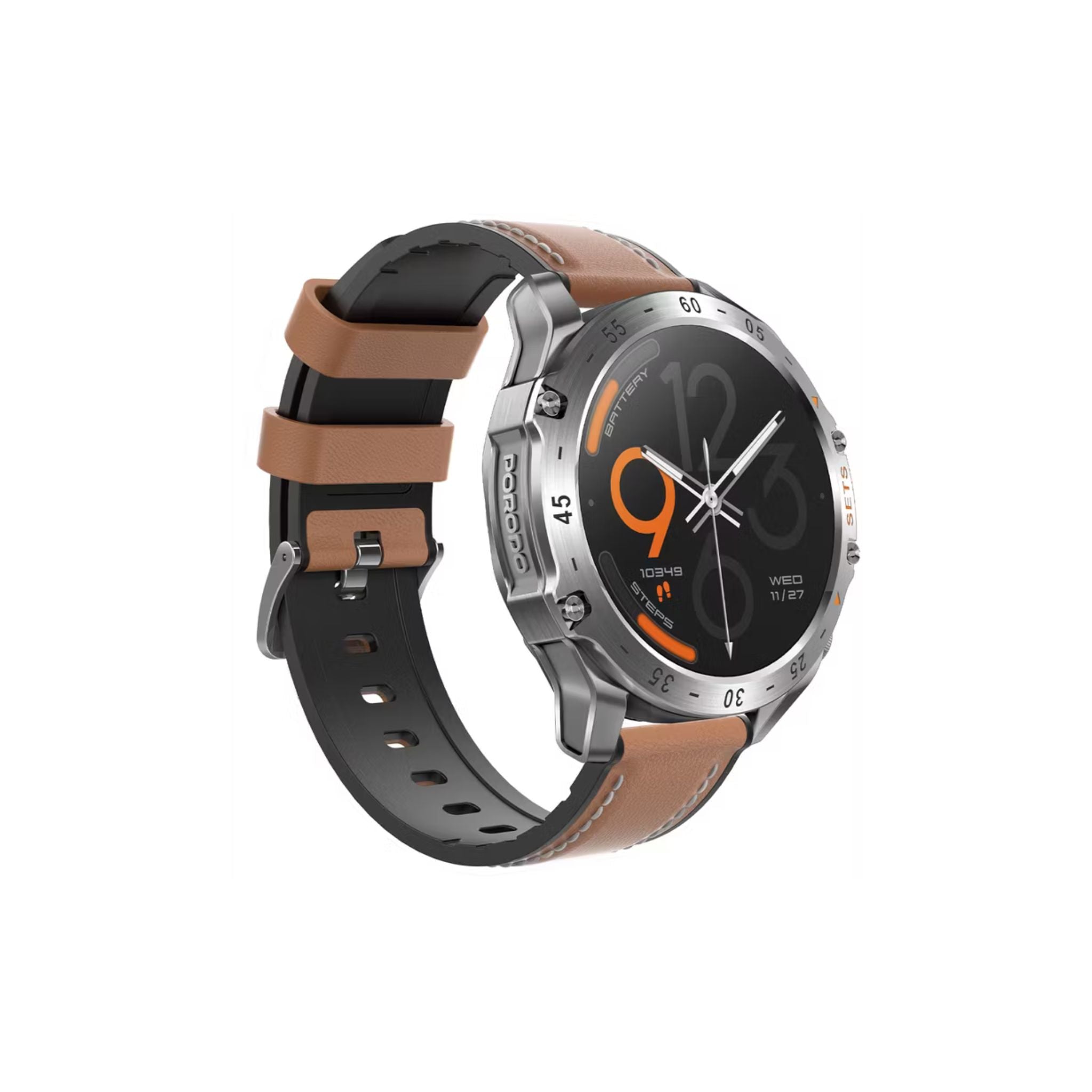 Porodo Hype Smart Watch with Wireless Earbuds and Brown Leather Band, Compatible with Android 5.0, iOS 10.0 and Above_Silver