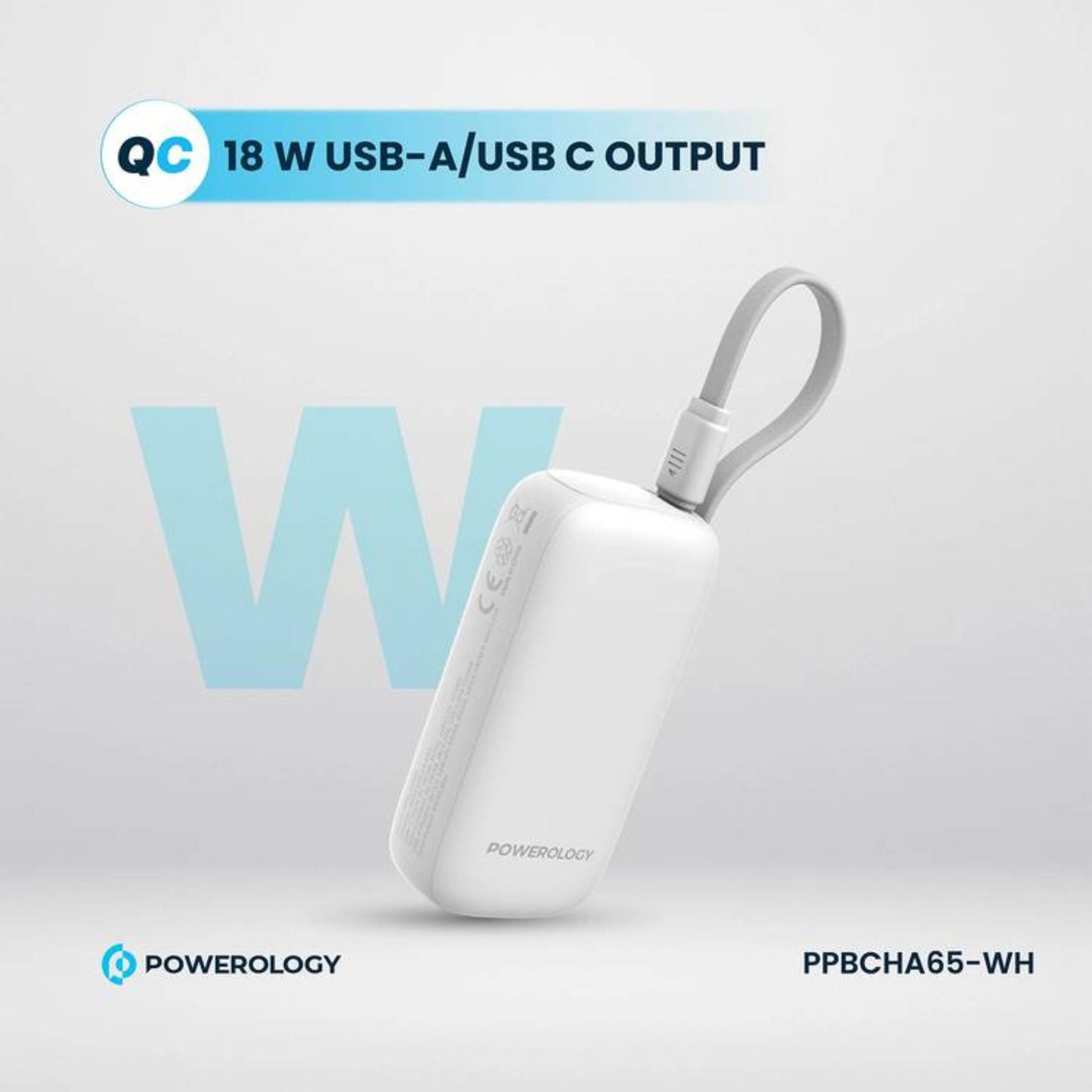 Powerology 5000mAh Power Bank with Removable USB-C Wire, Advanced Charging Technology, 2-Device Charging, Compact & Portable, Built-in Safeguards, 20W Power Delivery - White