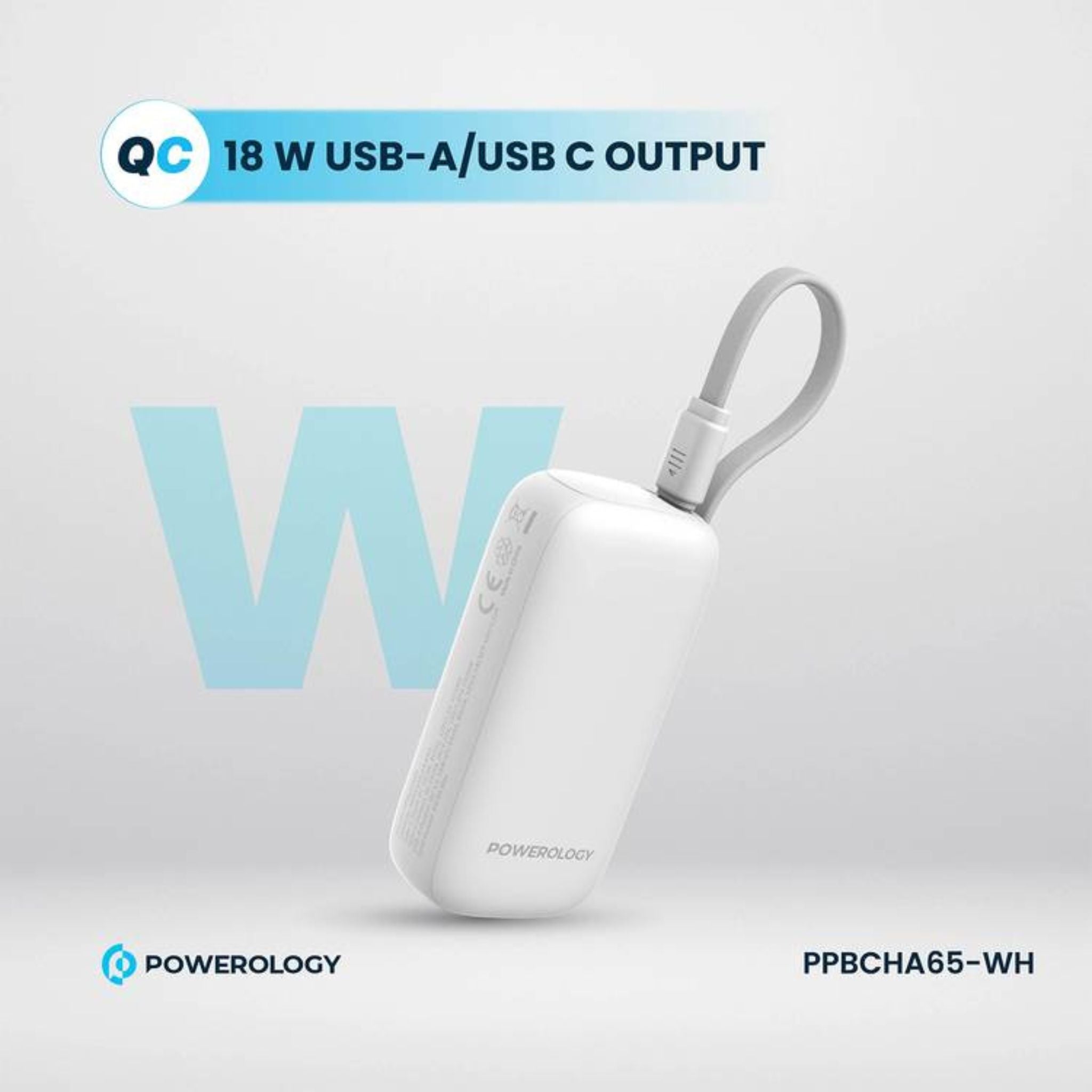 Powerology 5000mAh Power Bank with Removable USB-C Wire, Advanced Charging Technology, 2-Device Charging, Compact & Portable, Built-in Safeguards, 20W Power Delivery - White