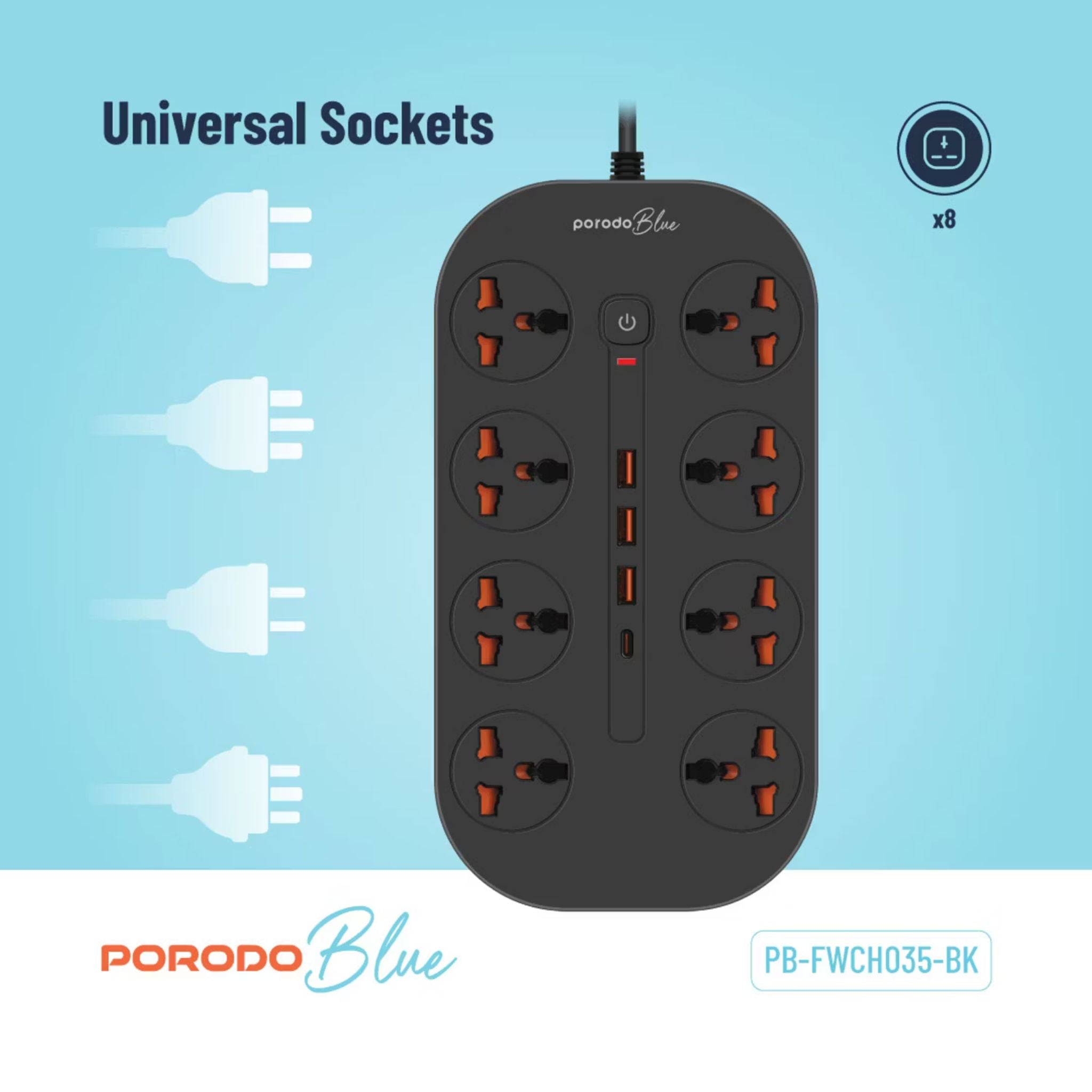 Porodo 8AC Universal Power Strip with Premium Materials, Safety Shutters, 13A Maximum Current, 3m Cable Length - Black
