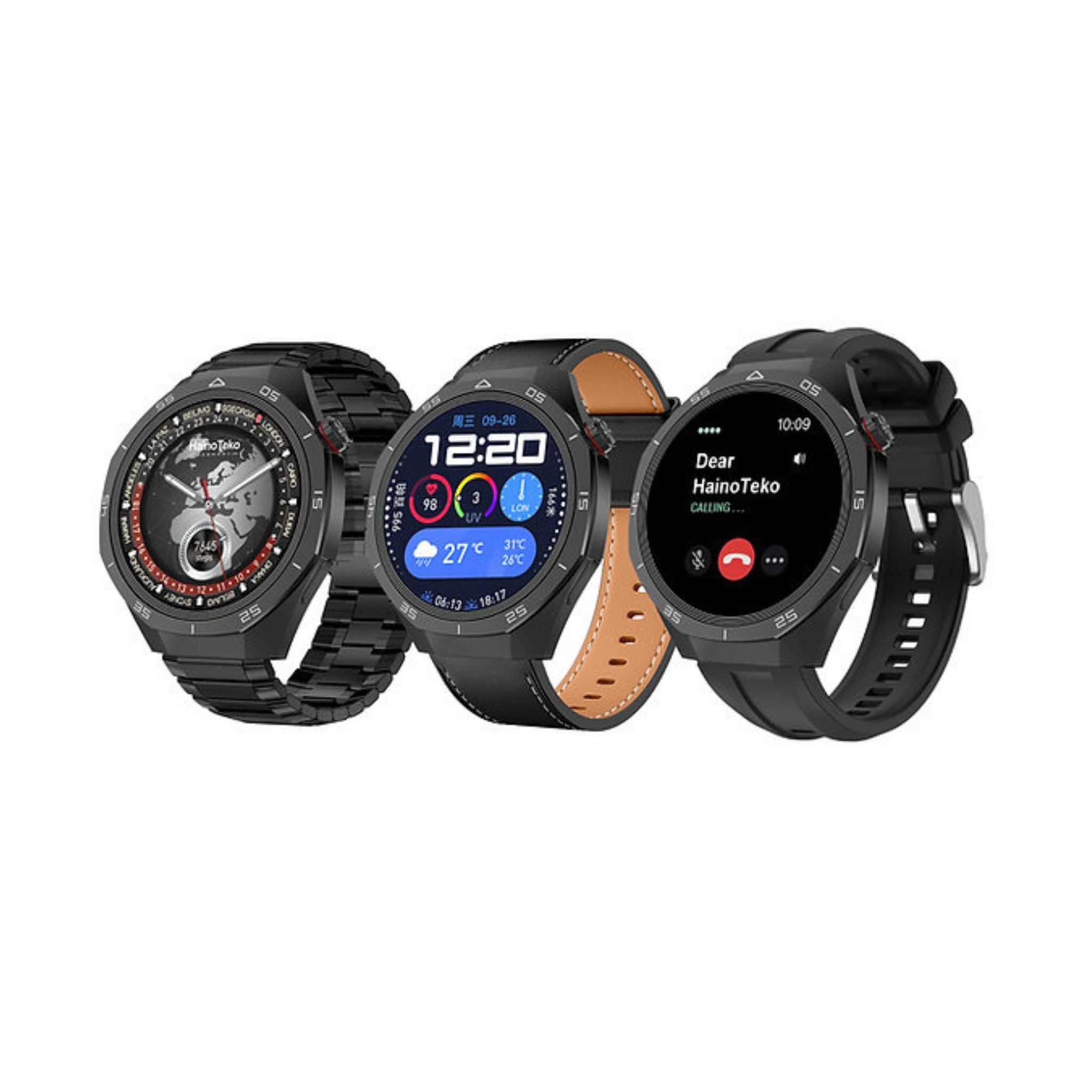 Three smartwatches with different display interfaces on a white background