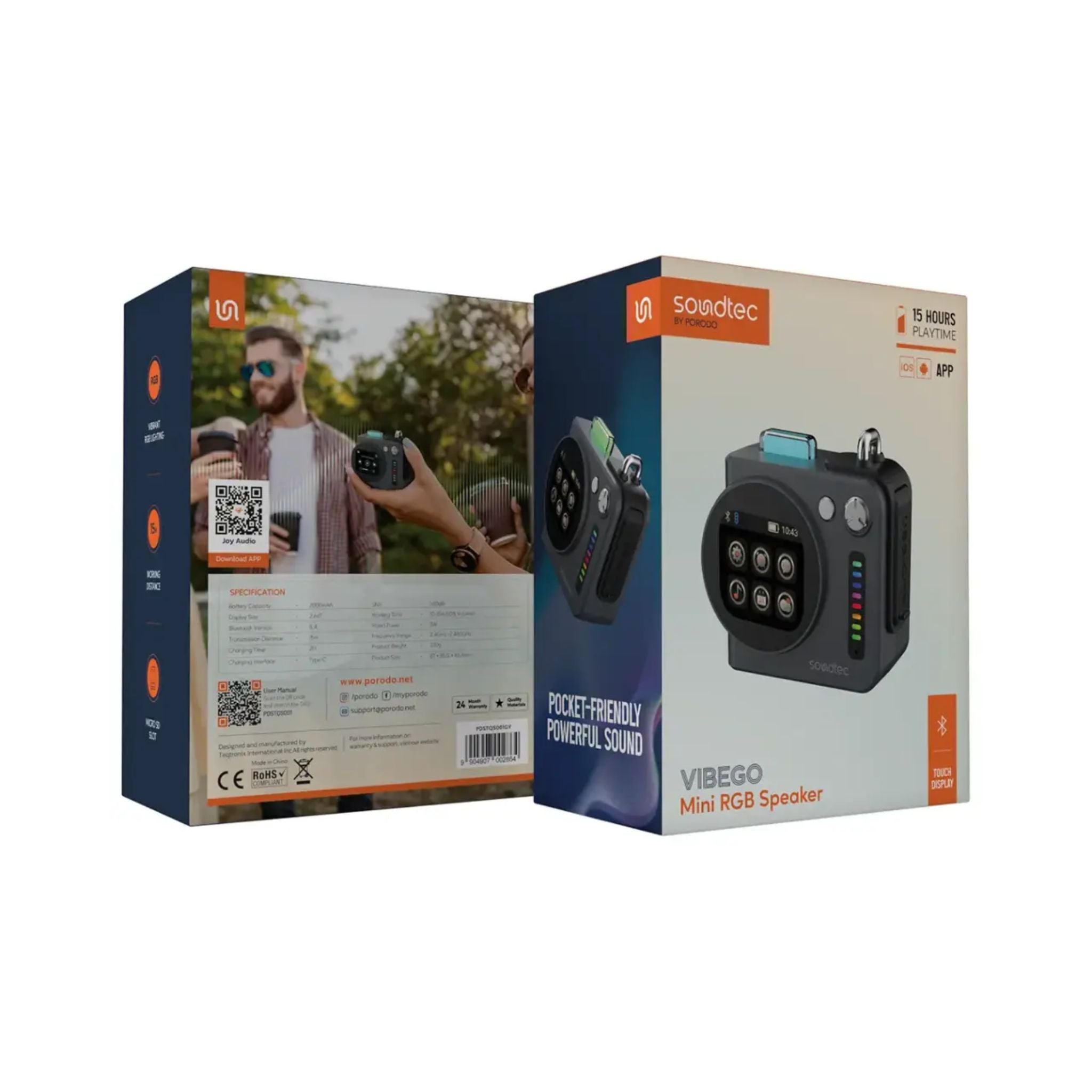 Porodo Vibego Mini RGB Speaker with Bluetooth Version 5.4, Touch Control Display, 15 Hours Play Time, Type-C Charging Port, 2000mAh Battery Capacity, 2 Hours Charging Time, Micro SD Slots, Vibrant RGB Lighting - Gray