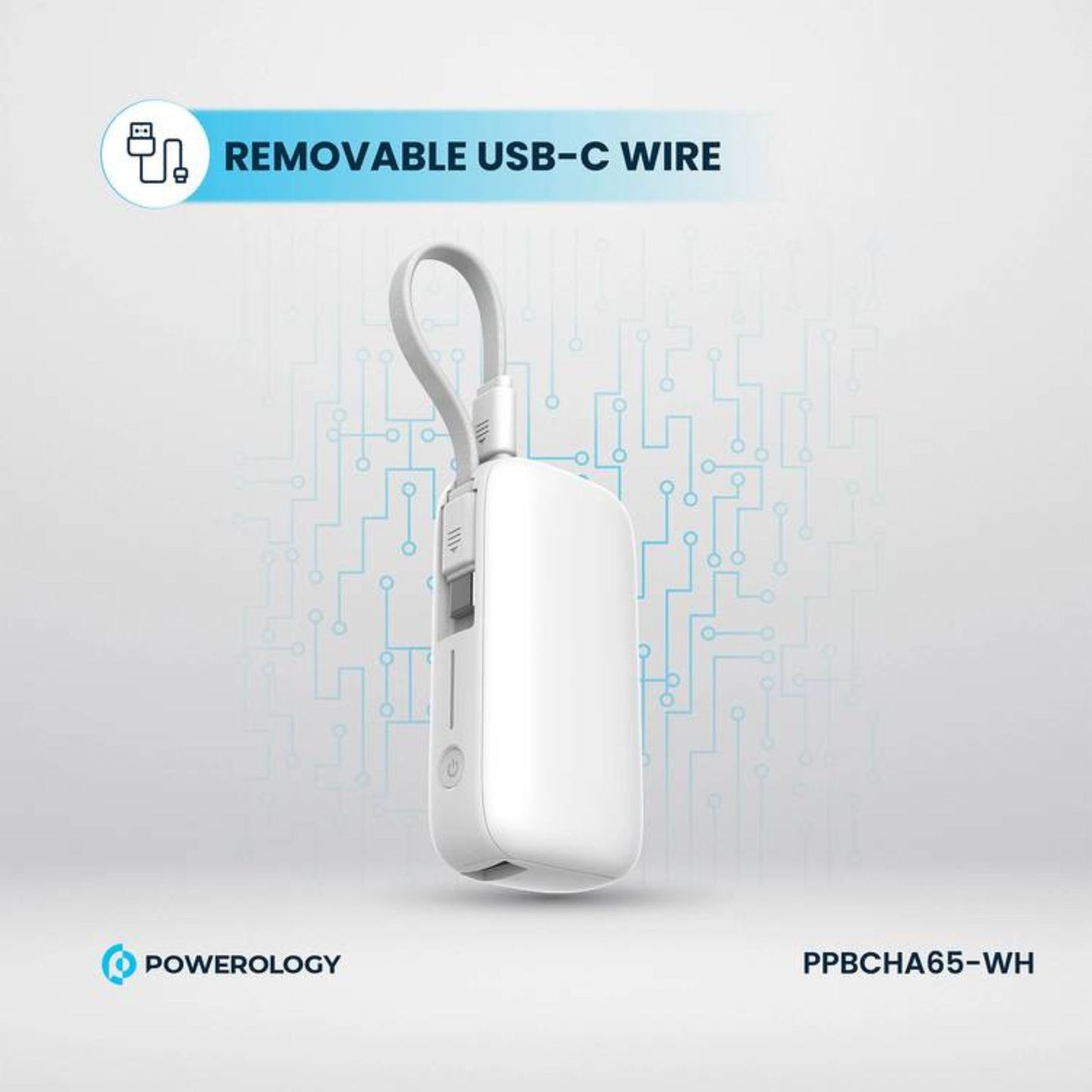 Powerology 5000mAh Power Bank with Removable USB-C Wire, Advanced Charging Technology, 2-Device Charging, Compact & Portable, Built-in Safeguards, 20W Power Delivery - White