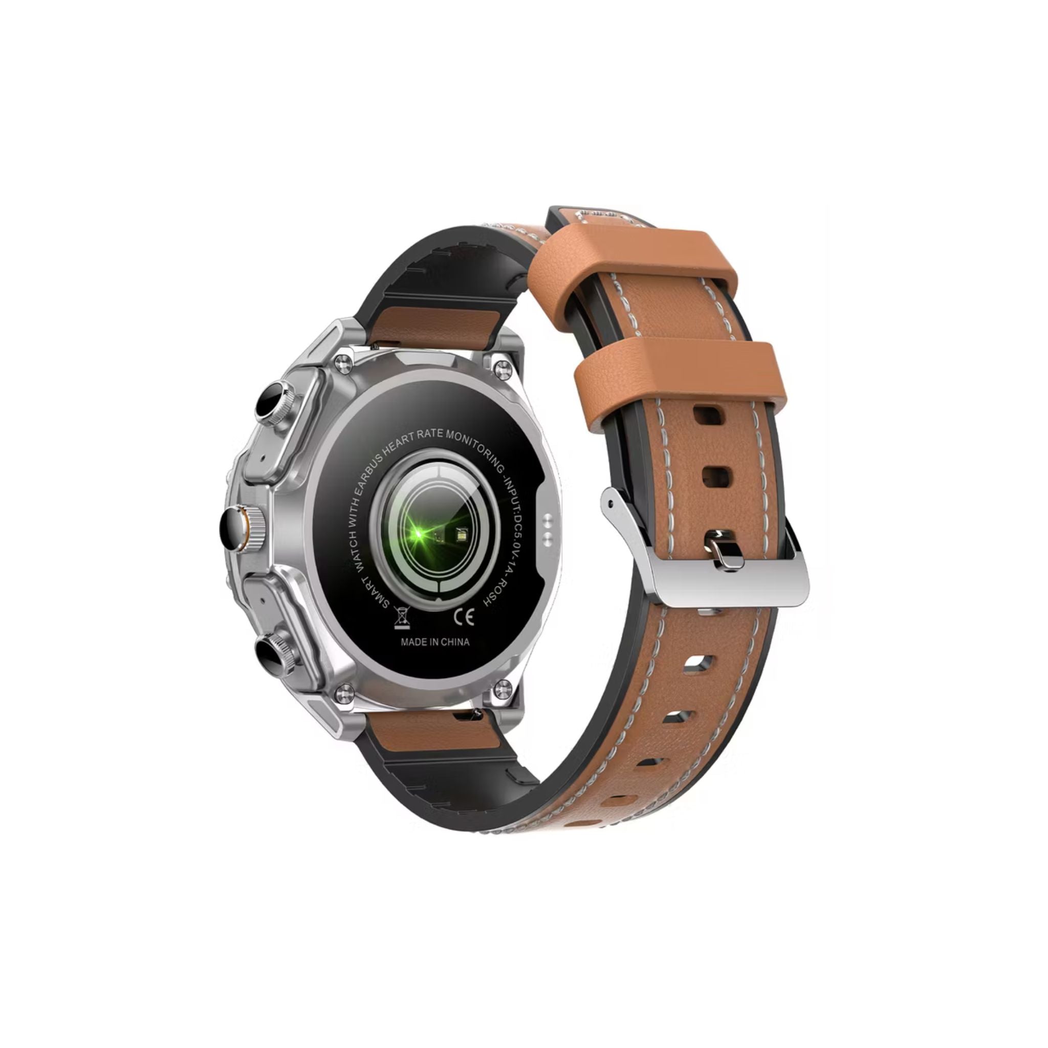 Porodo Hype Smart Watch with Wireless Earbuds and Brown Leather Band, Compatible with Android 5.0, iOS 10.0 and Above_Silver