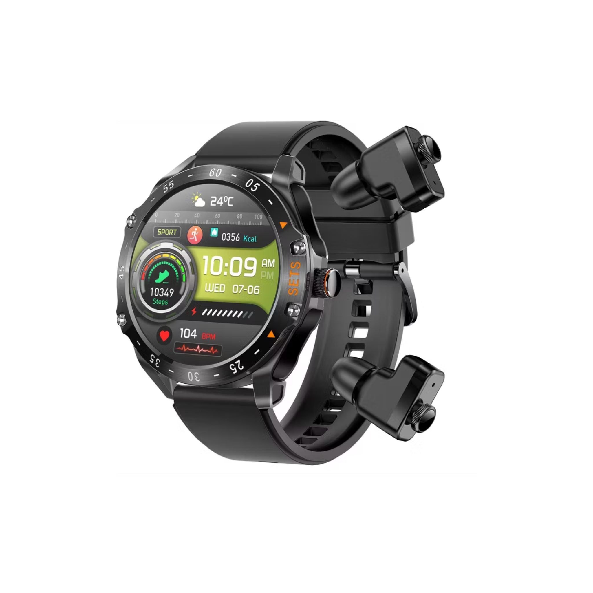 Porodo Hype Smart Watch with Wireless Earbuds and Black Leather Band, Compatible with Android 5.0, iOS 10.0 and Above