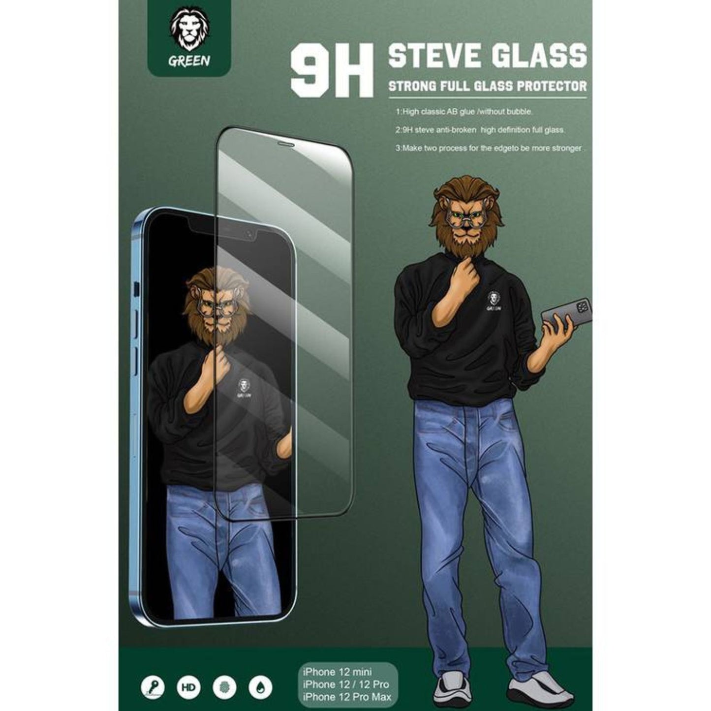 Green Lion 9H Steve HD Glass Protector for iPhone 12 / 12 Pro ( 6.1" ), Anti Scratch & Anti-Finger Print, Highly Responsive, Grease Resistance, Bubble Free - Clear