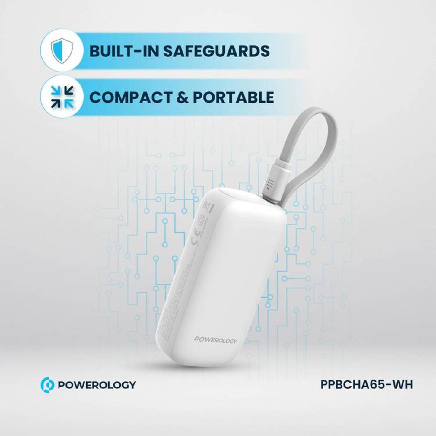 Powerology 5000mAh Power Bank with Removable USB-C Wire, Advanced Charging Technology, 2-Device Charging, Compact & Portable, Built-in Safeguards, 20W Power Delivery - White