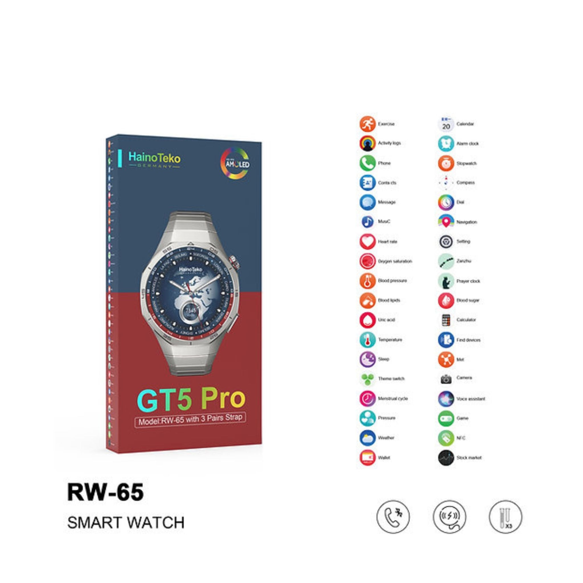 Haino Teko GT5 Pro Smartwatch RW-65 with Large Screen AMOLED Display Built-In Voice Assistant 3 Pair Premium Quality Straps and Charging Cable Designed For Men - Black