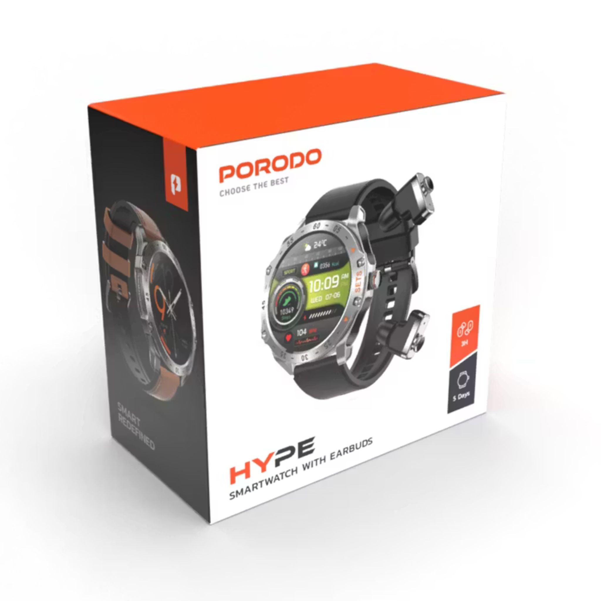 Porodo Hype Smart Watch with Wireless Earbuds and Brown Leather Band, Compatible with Android 5.0, iOS 10.0 and Above_Silver