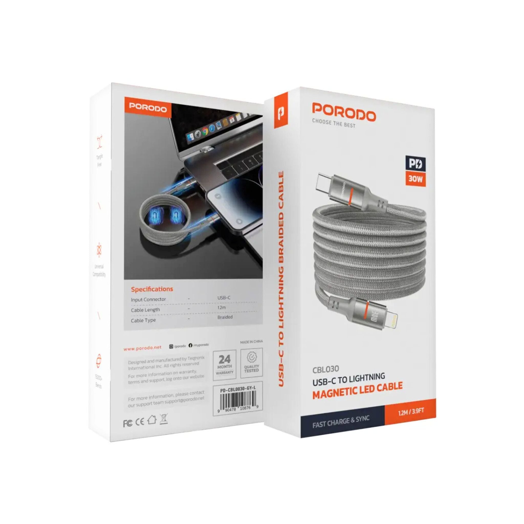 Porodo Type-C to Lightning Magnetic Braided Cable with 30W Power Delivery, 1.2m Cable Length, More than 15,000 Bends Lifespan, Tangle-Free Design - Gray