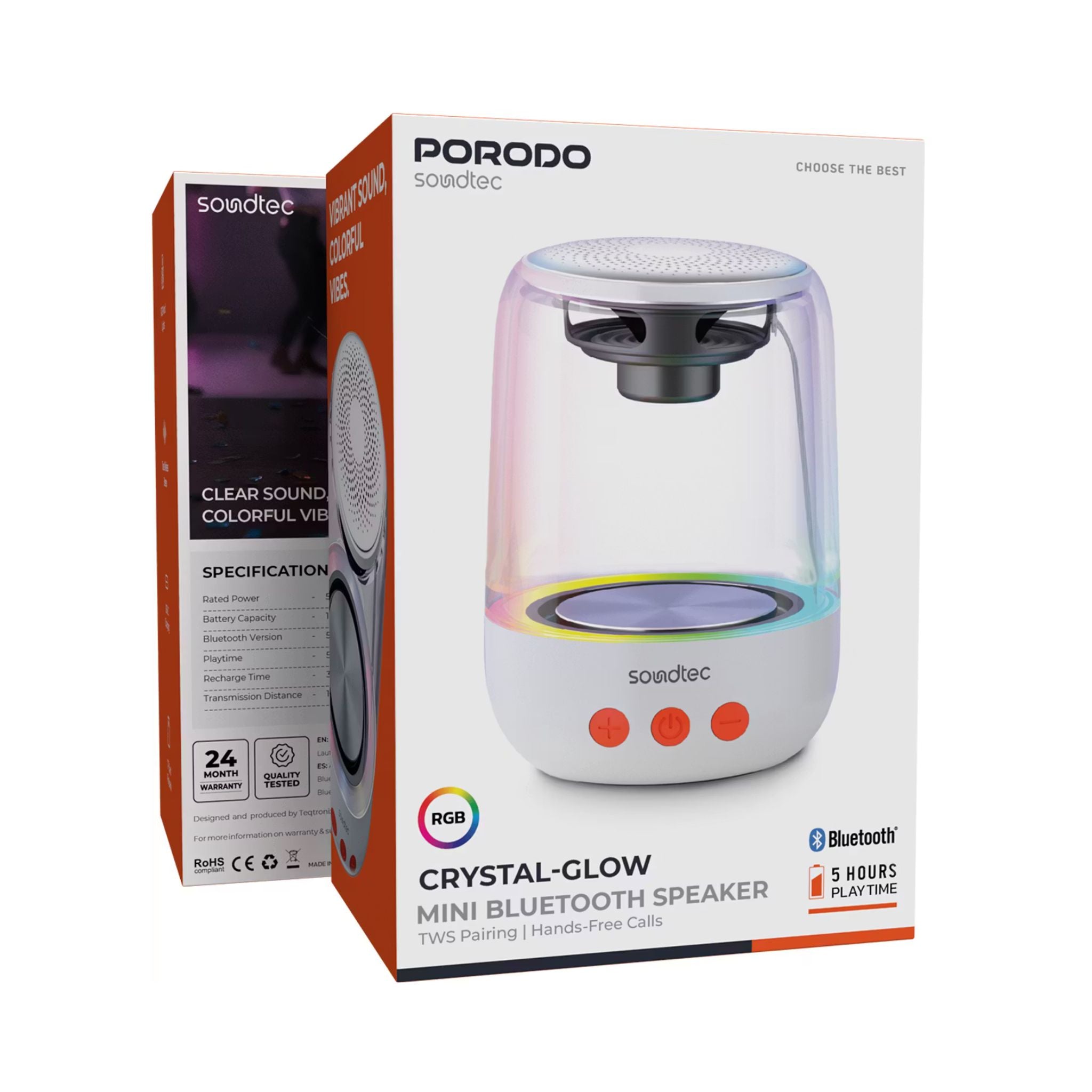 Porodo Crystal-Glow mini Bluetooth speaker packaging on a white background