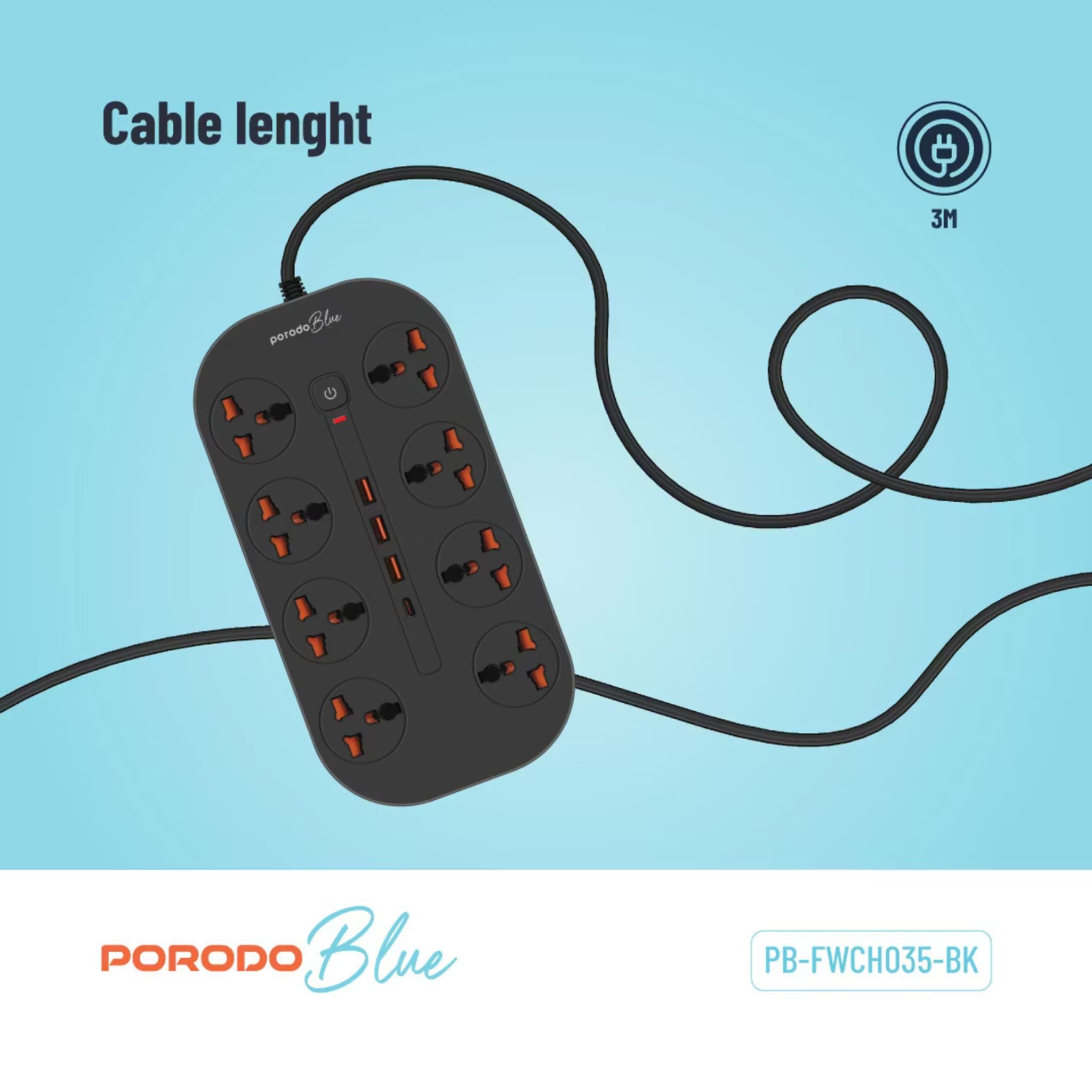 Porodo 8AC Universal Power Strip with Premium Materials, Safety Shutters, 13A Maximum Current, 3m Cable Length - Black