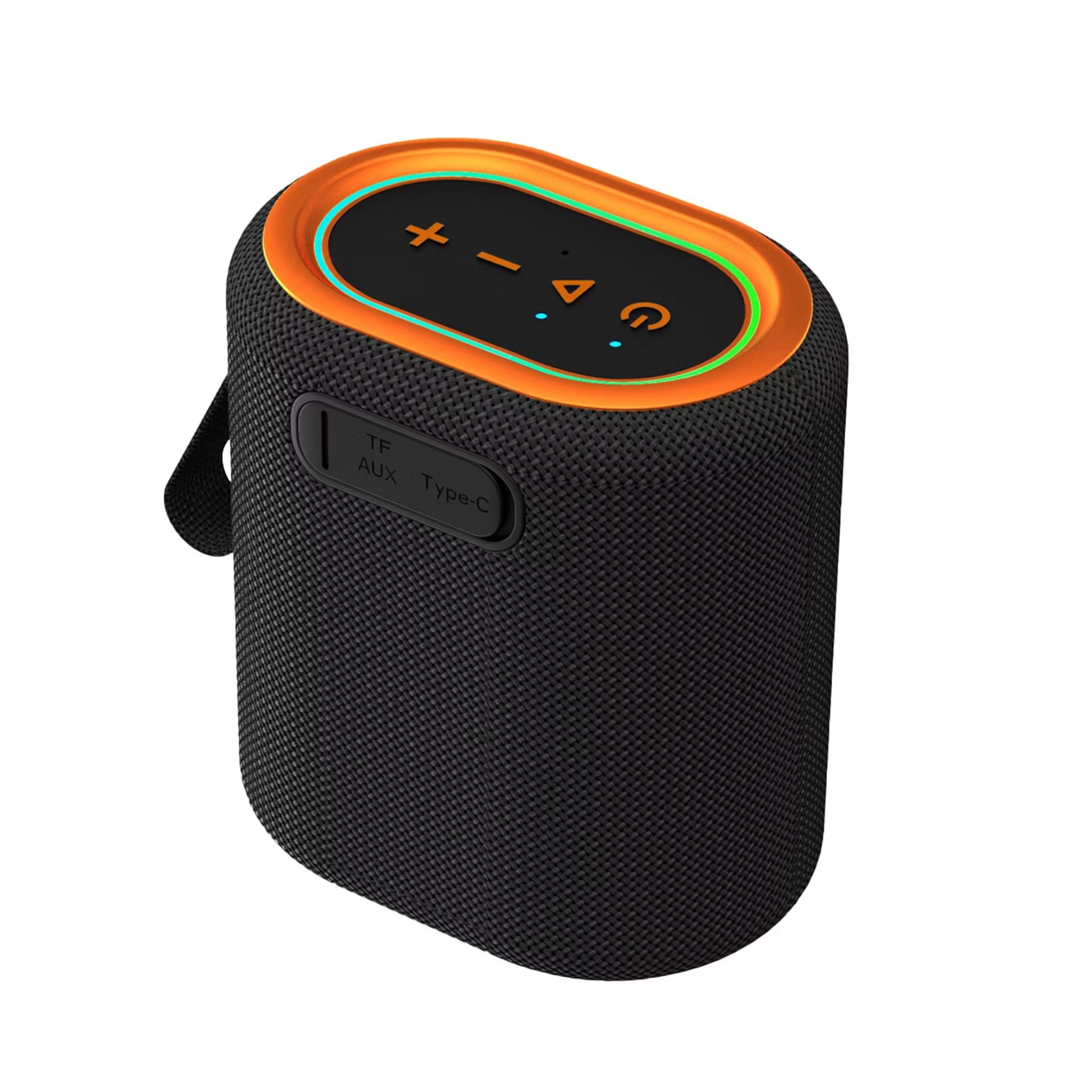 Black portable speaker with orange accent on a white background