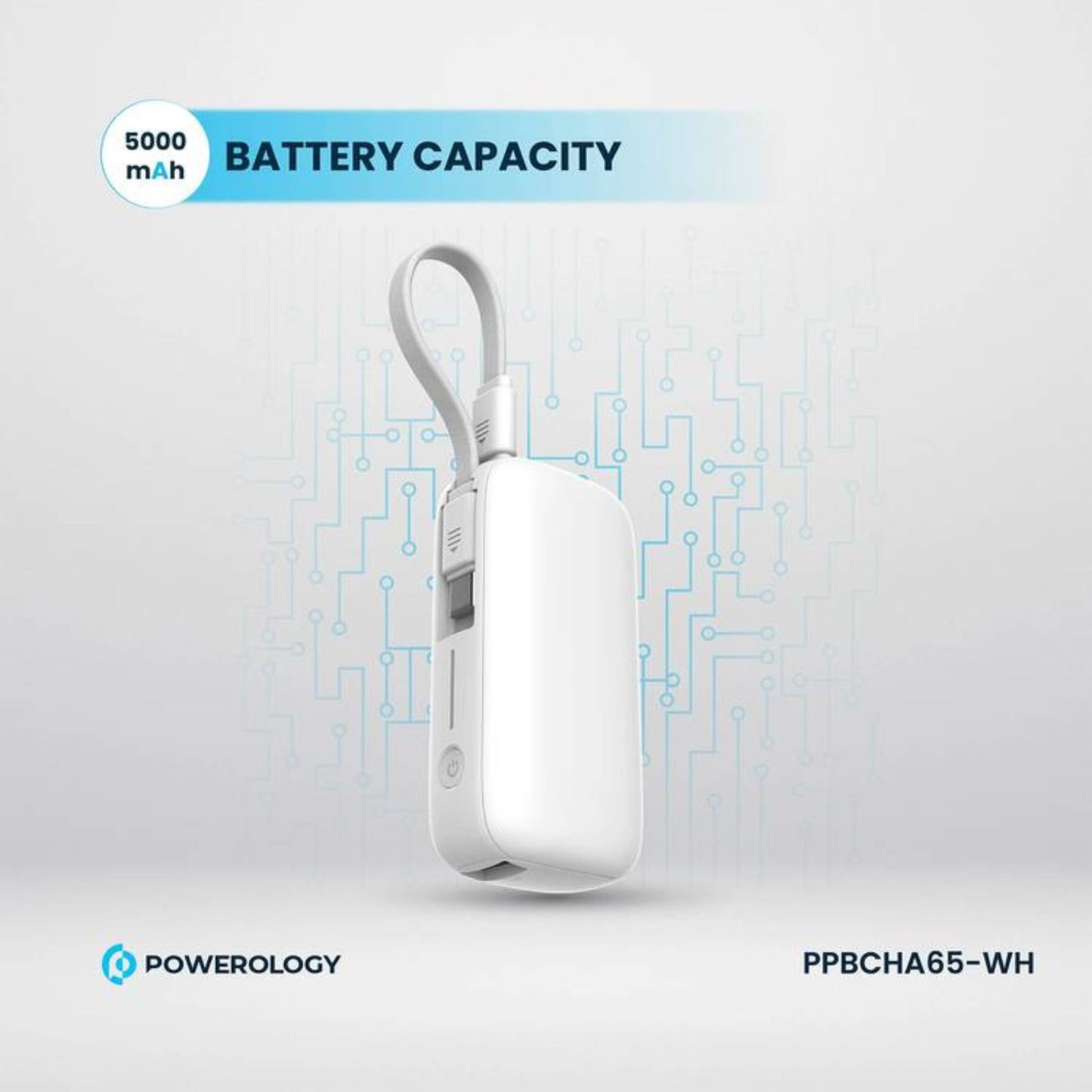 Powerology 5000mAh Power Bank with Removable USB-C Wire, Advanced Charging Technology, 2-Device Charging, Compact & Portable, Built-in Safeguards, 20W Power Delivery - White