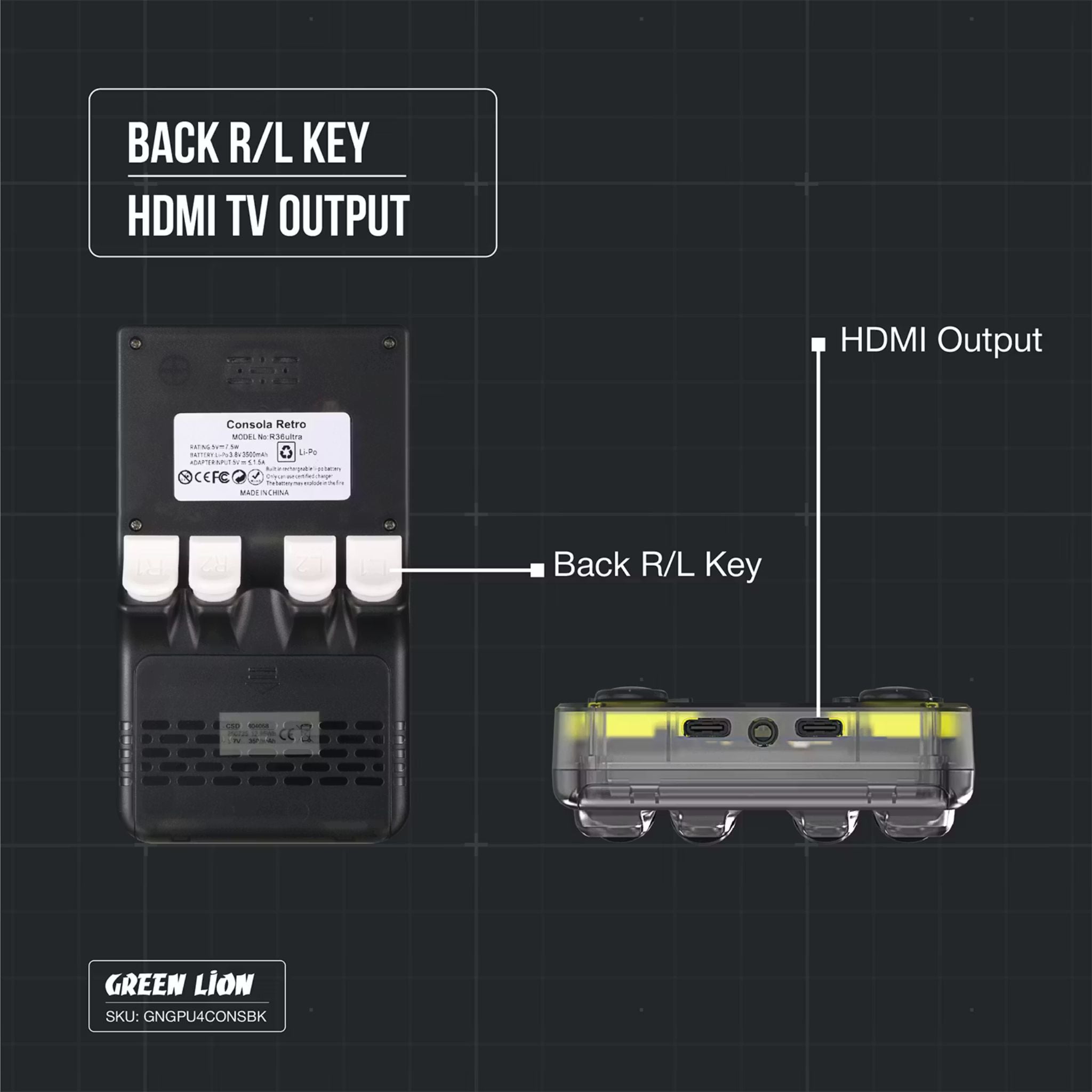 Green Lion GP ULTRA 4 Gaming Console with +15000 Games, Type-C Charging, 8W Built-in Speaker, Gamepad Connection, TF Card Storage, HDMI TV Output, 64GB Memory - Black
