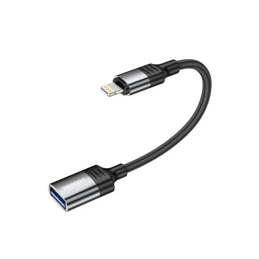 Porodo Lightning OTG Wire, 12cm Cable Length, Up to 480Mbps Data Transfer Speed, Braided Cable, Compatible with Lightning Devices, Plug and Play - Black