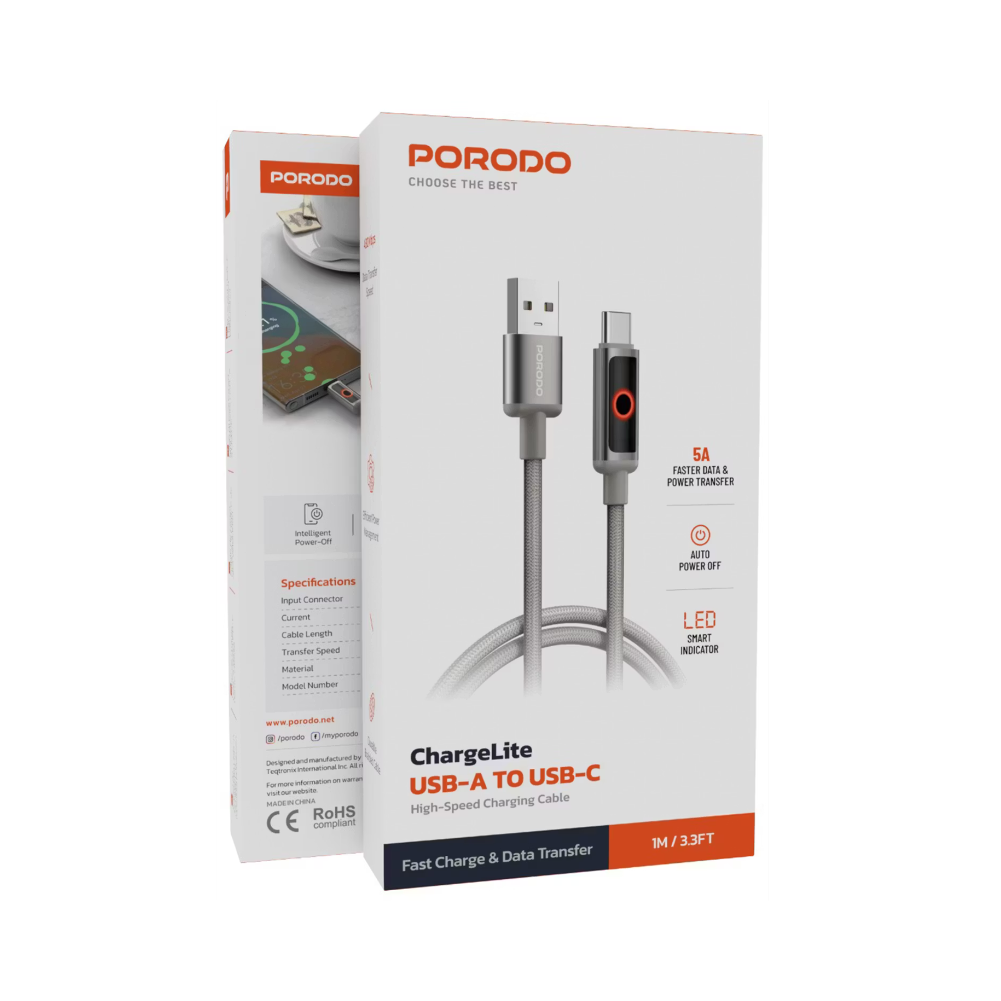 Porodo Charge Lite USB-A to USB-C Cable with High-Speed Charging, Braided & Aluminum Alloy Material, 1m Cable Length, 480Mbps Transfer Speed, Protect Battery - Gray