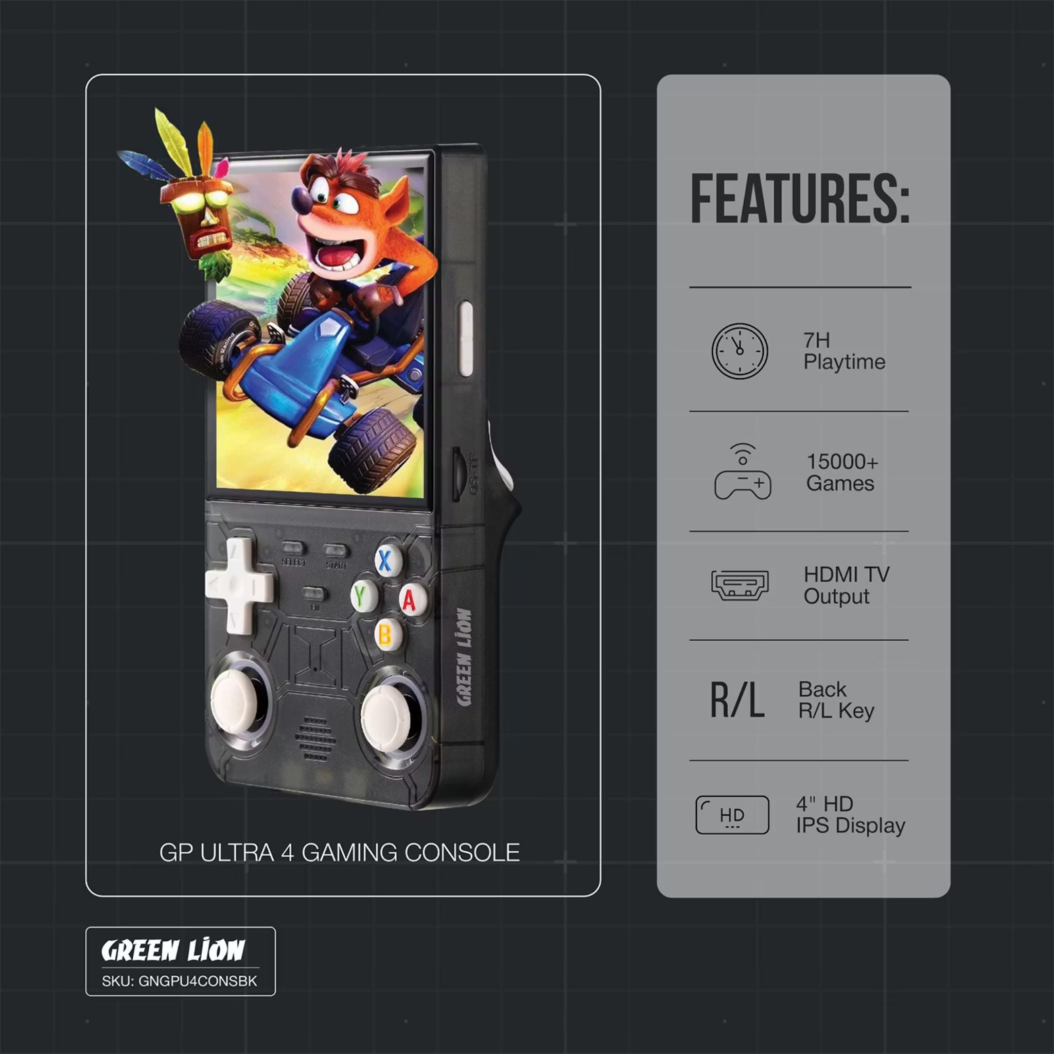 Green Lion GP ULTRA 4 Gaming Console with +15000 Games, Type-C Charging, 8W Built-in Speaker, Gamepad Connection, TF Card Storage, HDMI TV Output, 64GB Memory - Black