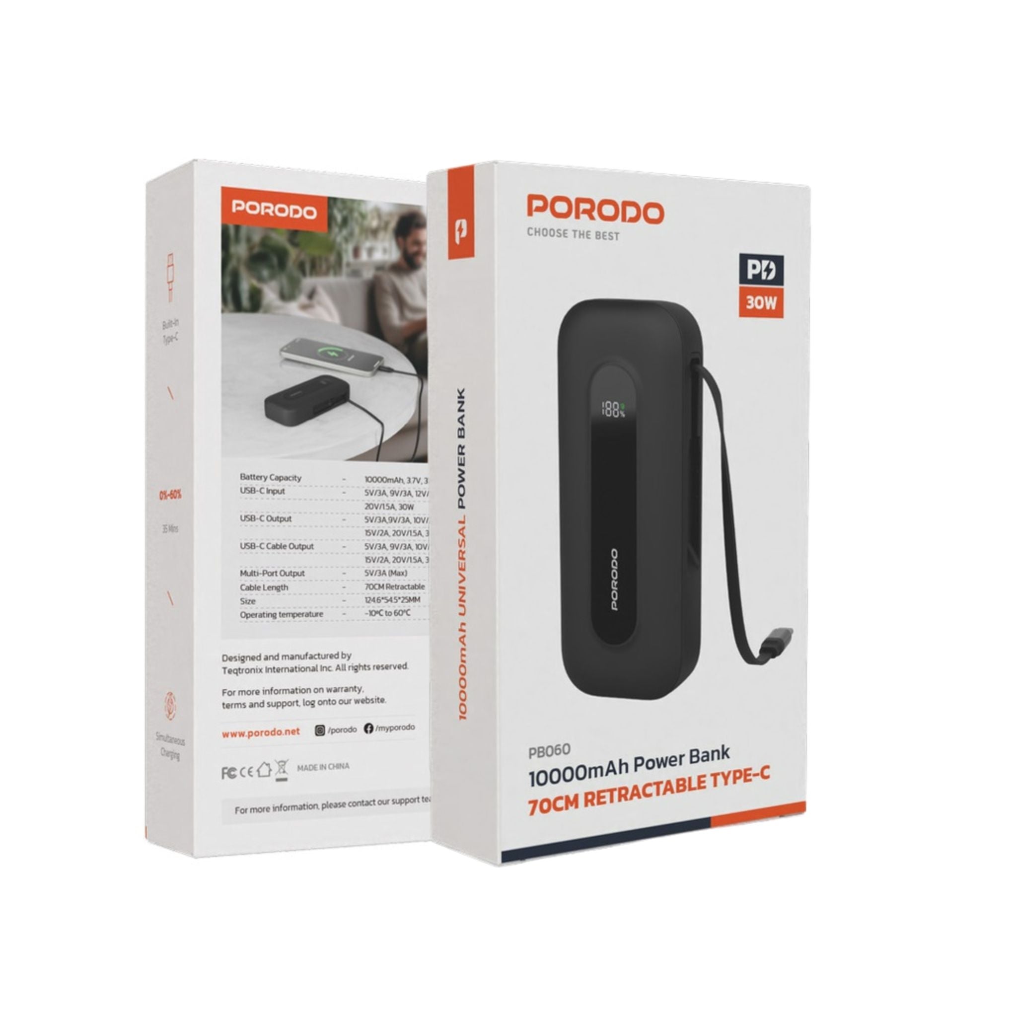 Porodo 10000mAh Power Bank with Type-C Port & Integrated Type-C Cable, Digital Display, PD 30W, Lightweight & Portable - Black