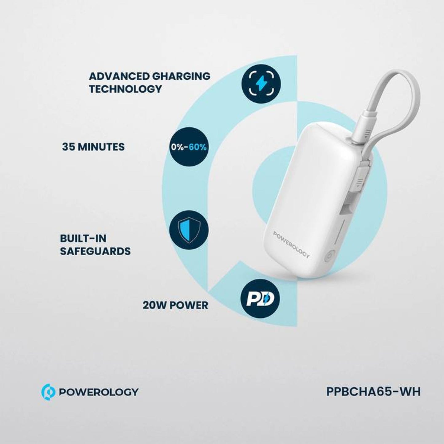 Powerology 5000mAh Power Bank with Removable USB-C Wire, Advanced Charging Technology, 2-Device Charging, Compact & Portable, Built-in Safeguards, 20W Power Delivery - White