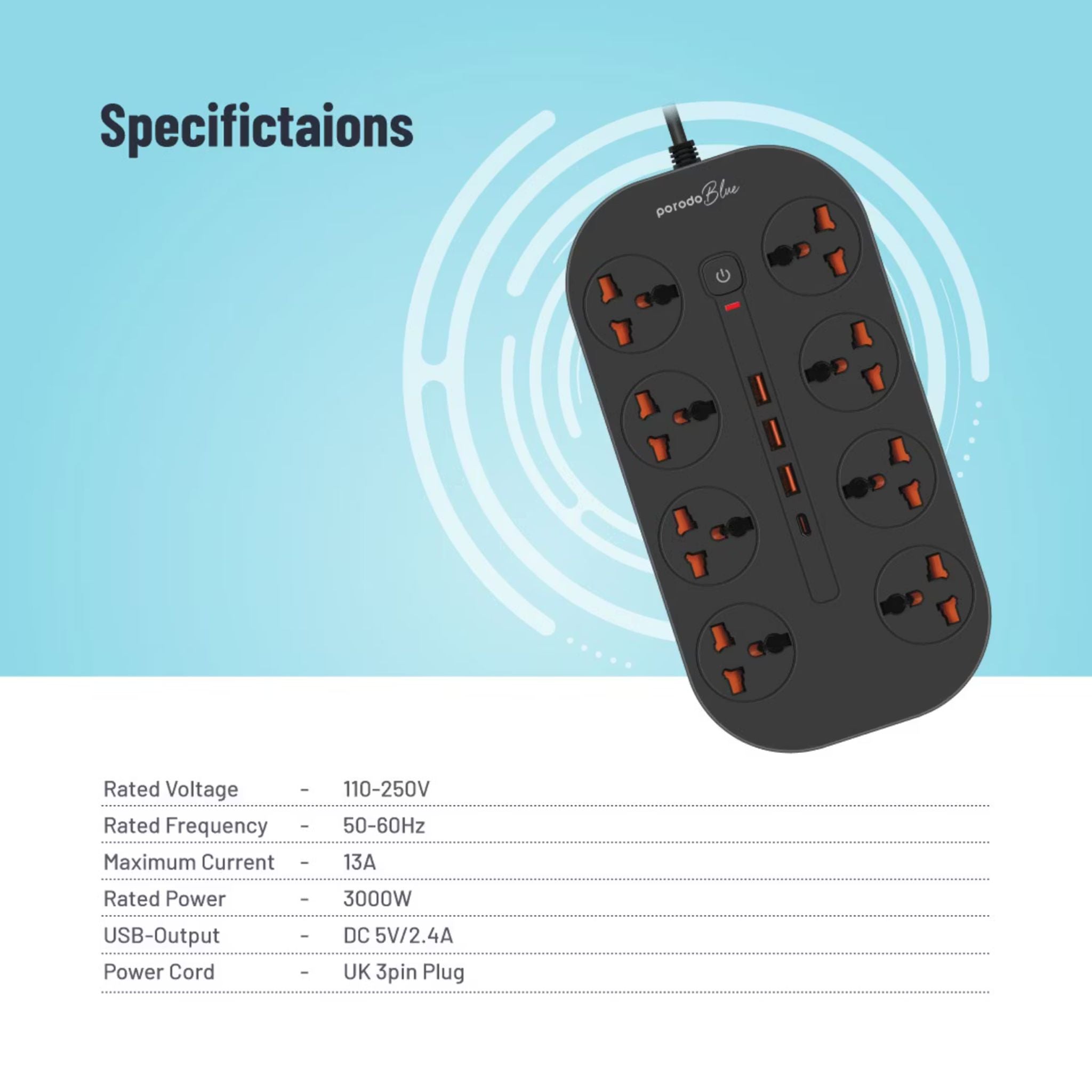 Porodo 8AC Universal Power Strip with Premium Materials, Safety Shutters, 13A Maximum Current, 3m Cable Length - Black