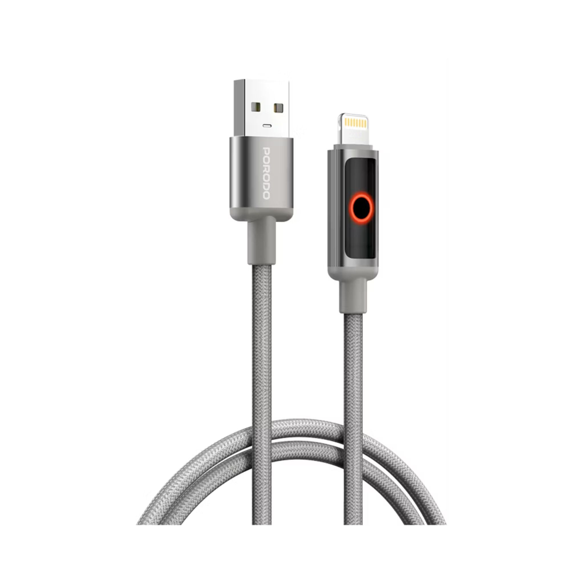 Porodo Charge Lite USB-A to Lightning Cable with High-Speed Charging, Braided & Aluminum Alloy Material, 1m Cable Length, 480Mbps Transfer Speed, Protect Battery - Gray