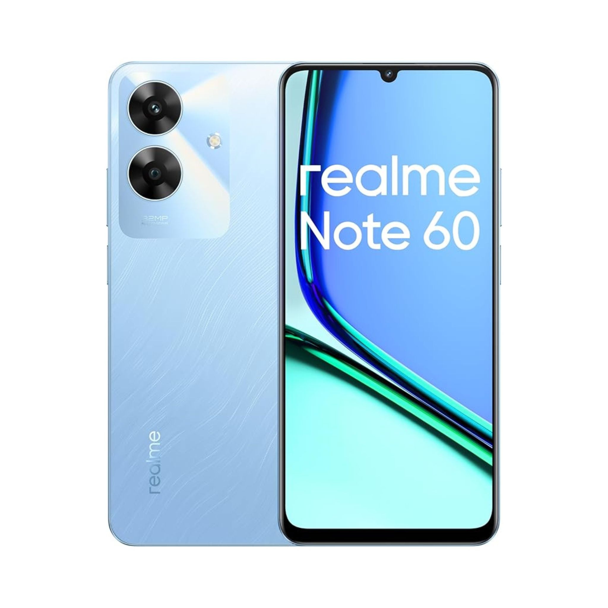 Realme Note 60 smartphone showing front and back on a white background