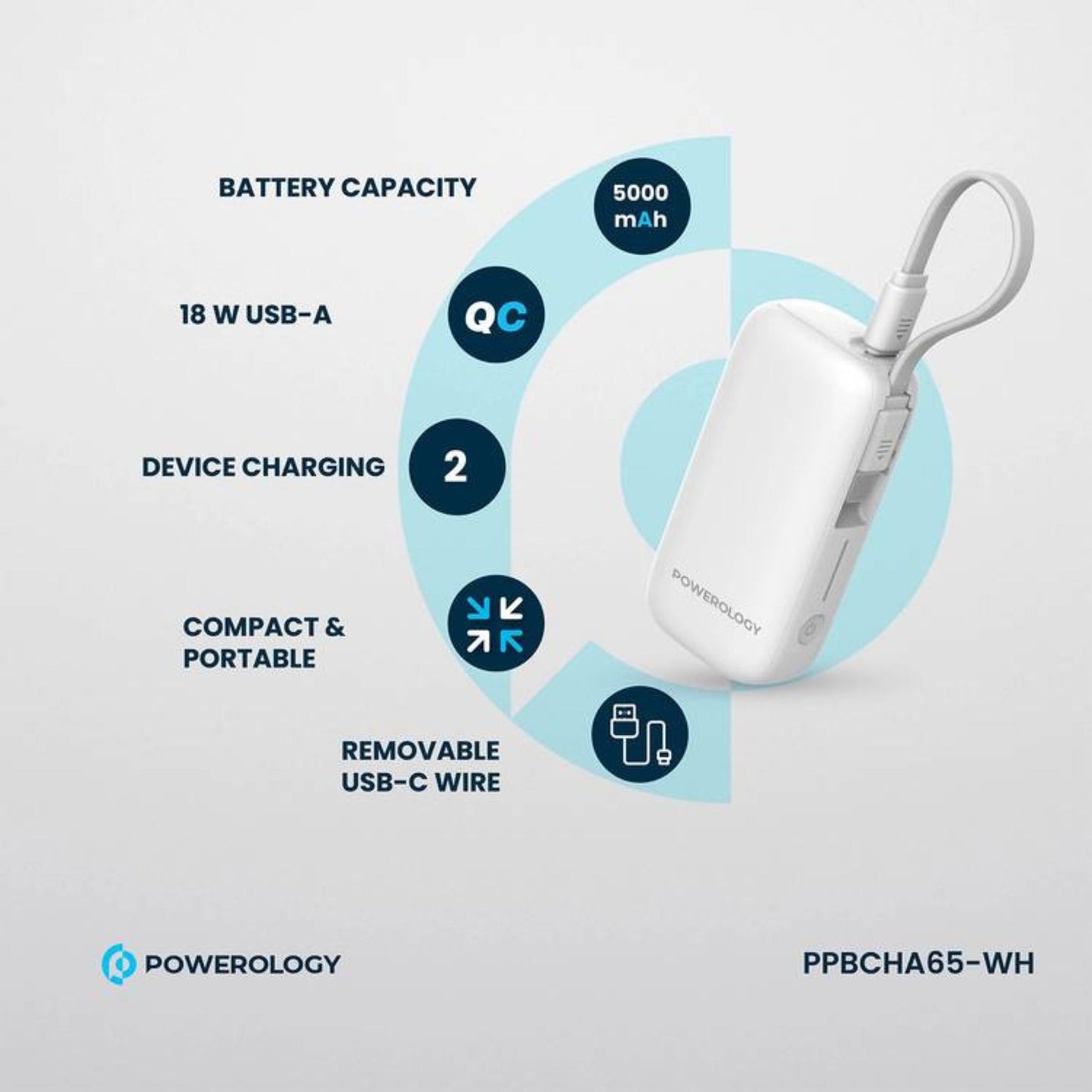 Powerology 5000mAh Power Bank with Removable USB-C Wire, Advanced Charging Technology, 2-Device Charging, Compact & Portable, Built-in Safeguards, 20W Power Delivery - White