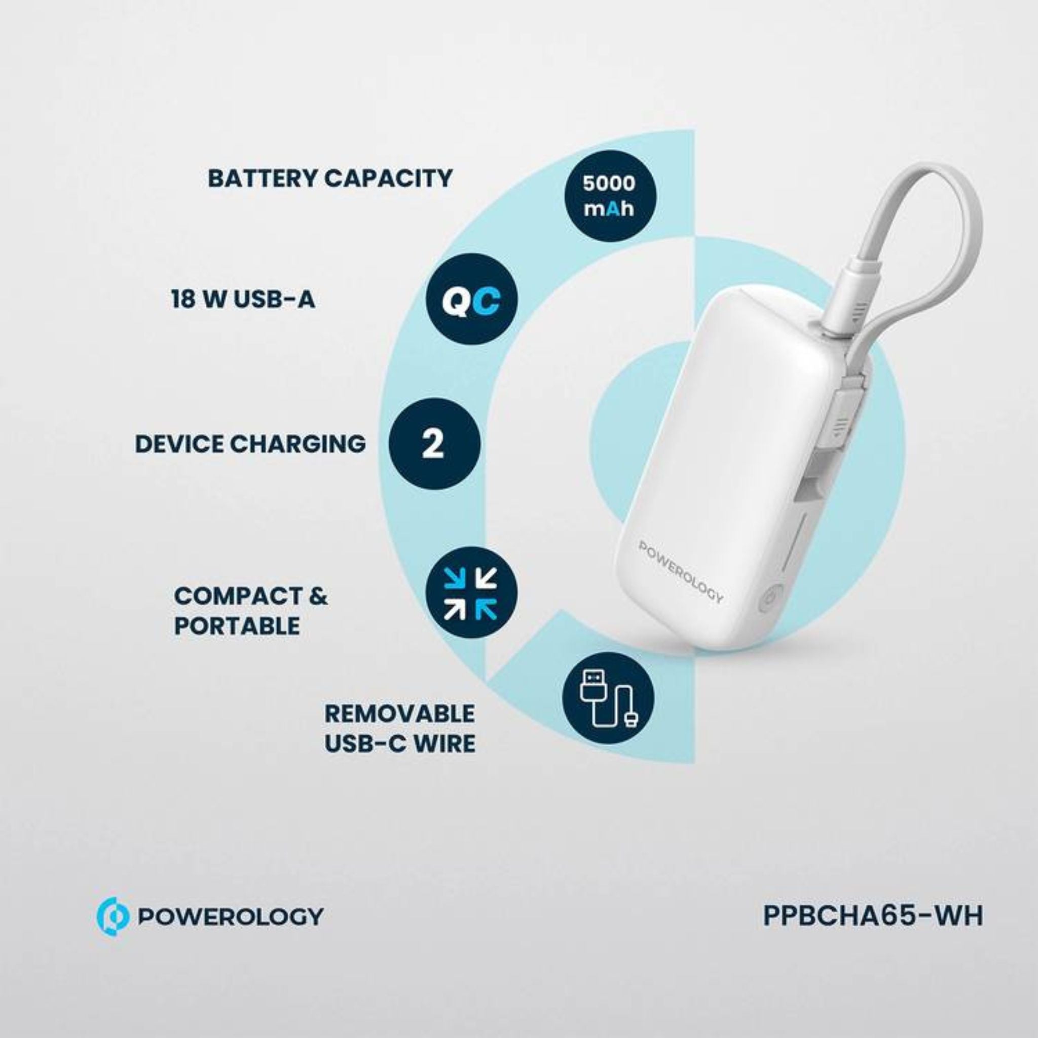 Powerology 5000mAh Power Bank with Removable USB-C Wire, Advanced Charging Technology, 2-Device Charging, Compact & Portable, Built-in Safeguards, 20W Power Delivery - White