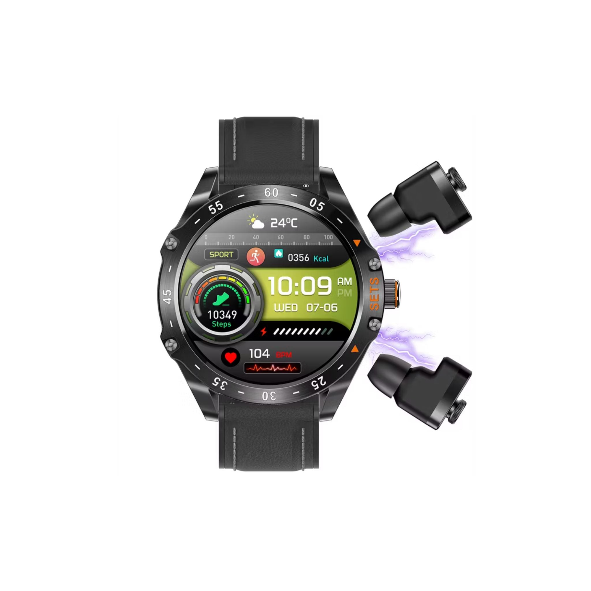 Porodo Hype Smart Watch with Wireless Earbuds and Black Leather Band, Compatible with Android 5.0, iOS 10.0 and Above