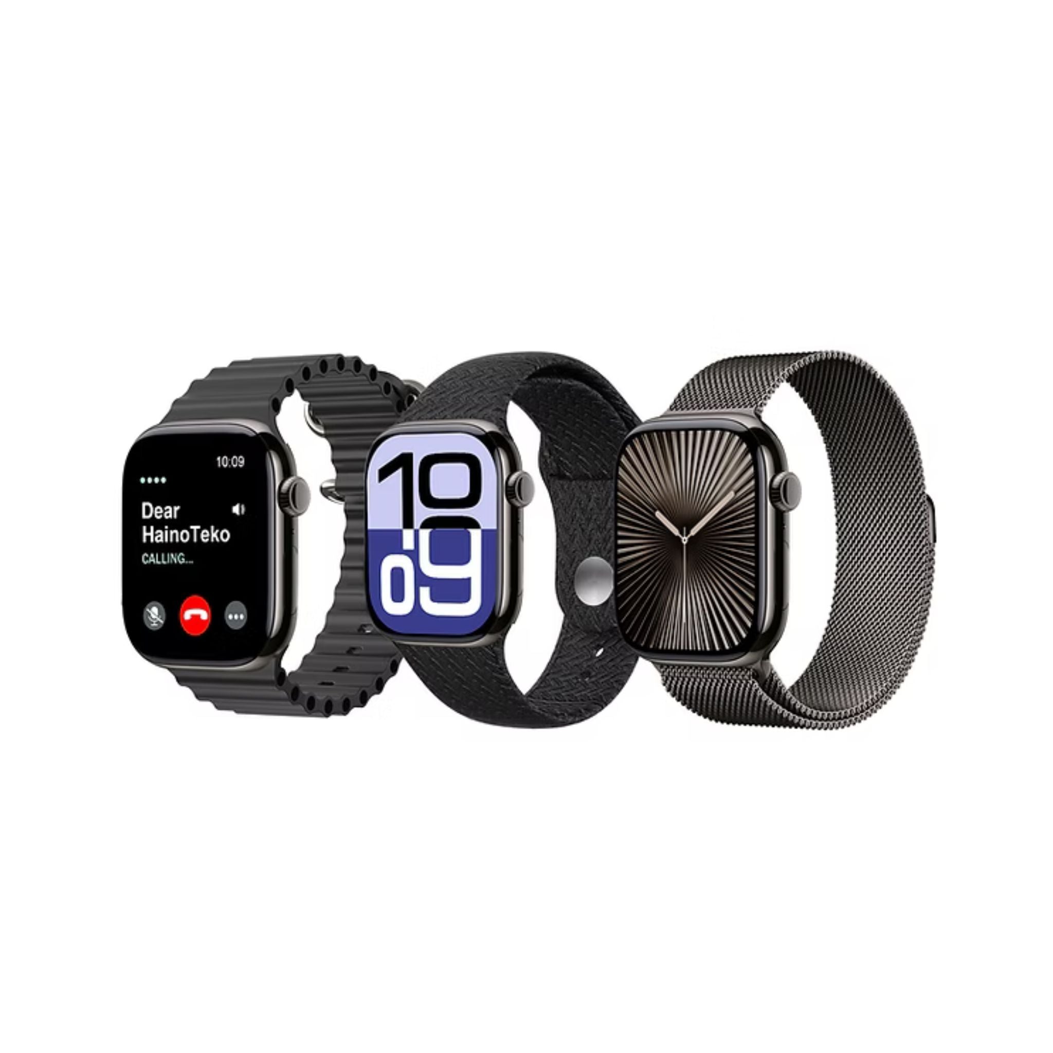 Three smartwatches with different designs on a white background