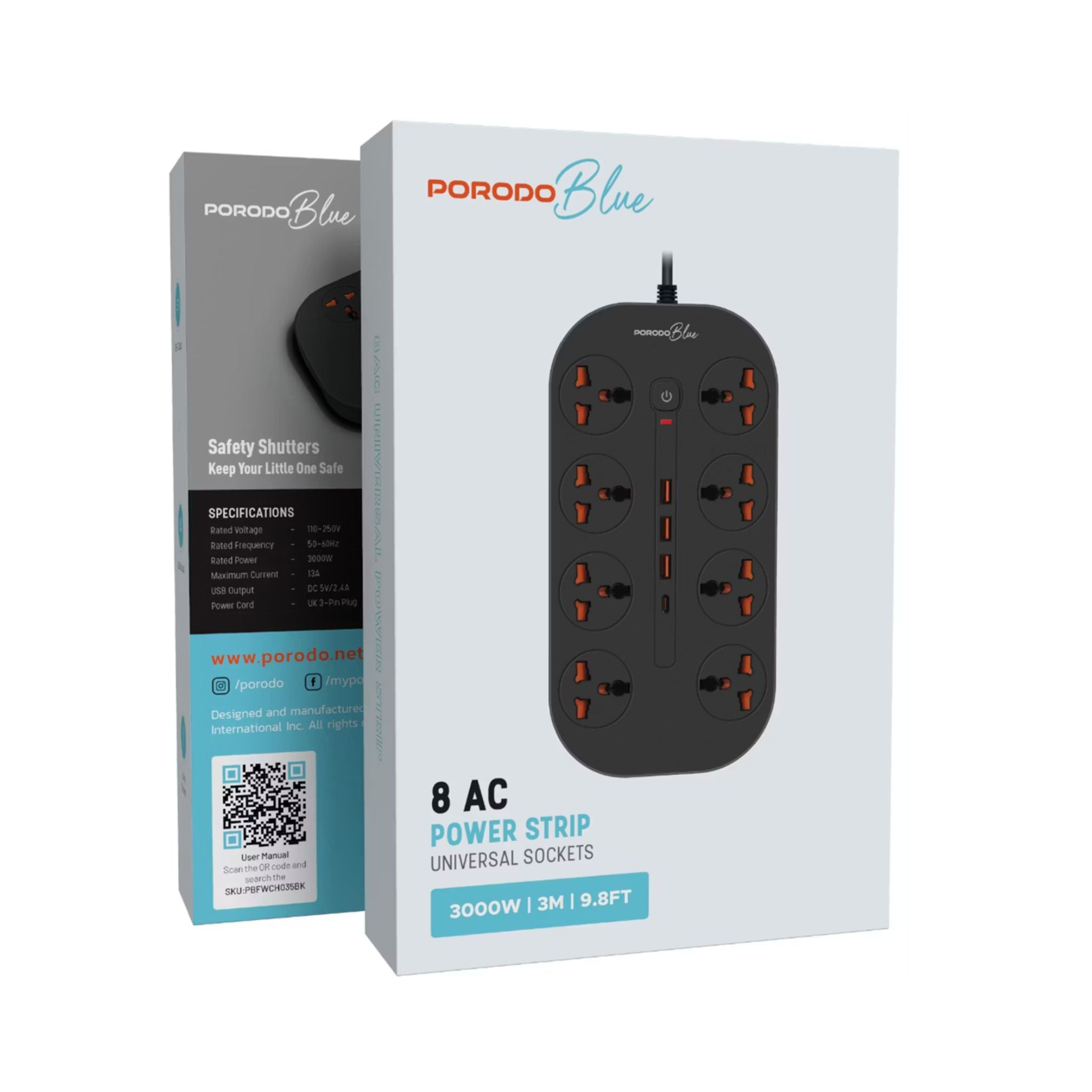 Porodo 8AC Universal Power Strip with Premium Materials, Safety Shutters, 13A Maximum Current, 3m Cable Length - Black