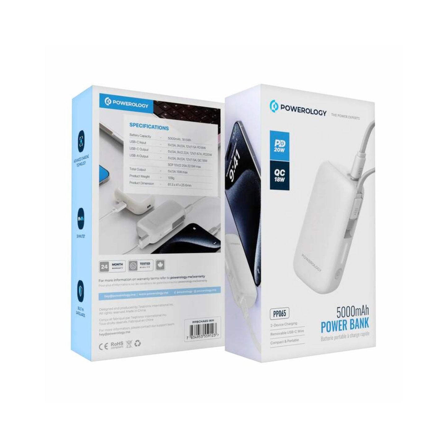 Powerology 5000mAh Power Bank with Removable USB-C Wire, Advanced Charging Technology, 2-Device Charging, Compact & Portable, Built-in Safeguards, 20W Power Delivery - White