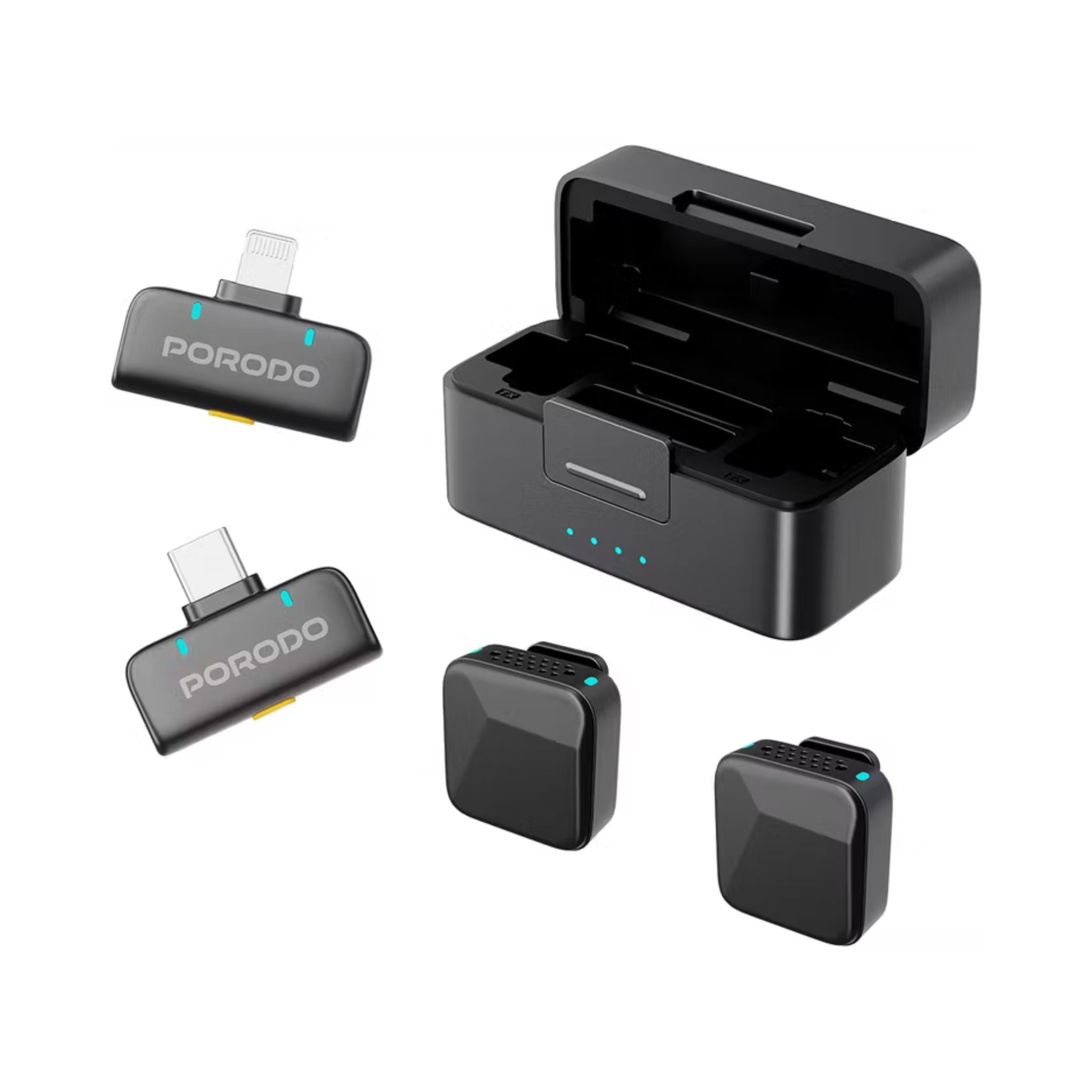 Porodo Orion Dual Lavalier Microphones – Type-C & Lightning, Auto-Pairing Wireless Setup, Precise Reverb, 1h Charge for 5h Use, 650mAh Case & 55mAh Mics, 15–20m Range – Black