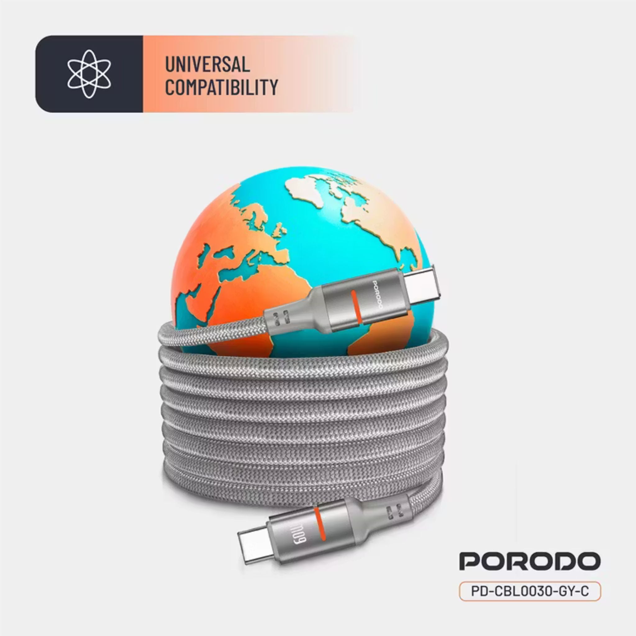 Porodo Type-C to Type-C Magnetic Braided Cable with 30W Power Delivery, 1.2m Cable Length, More than 15,000 Bends Lifespan, Tangle-Free Design - Gray