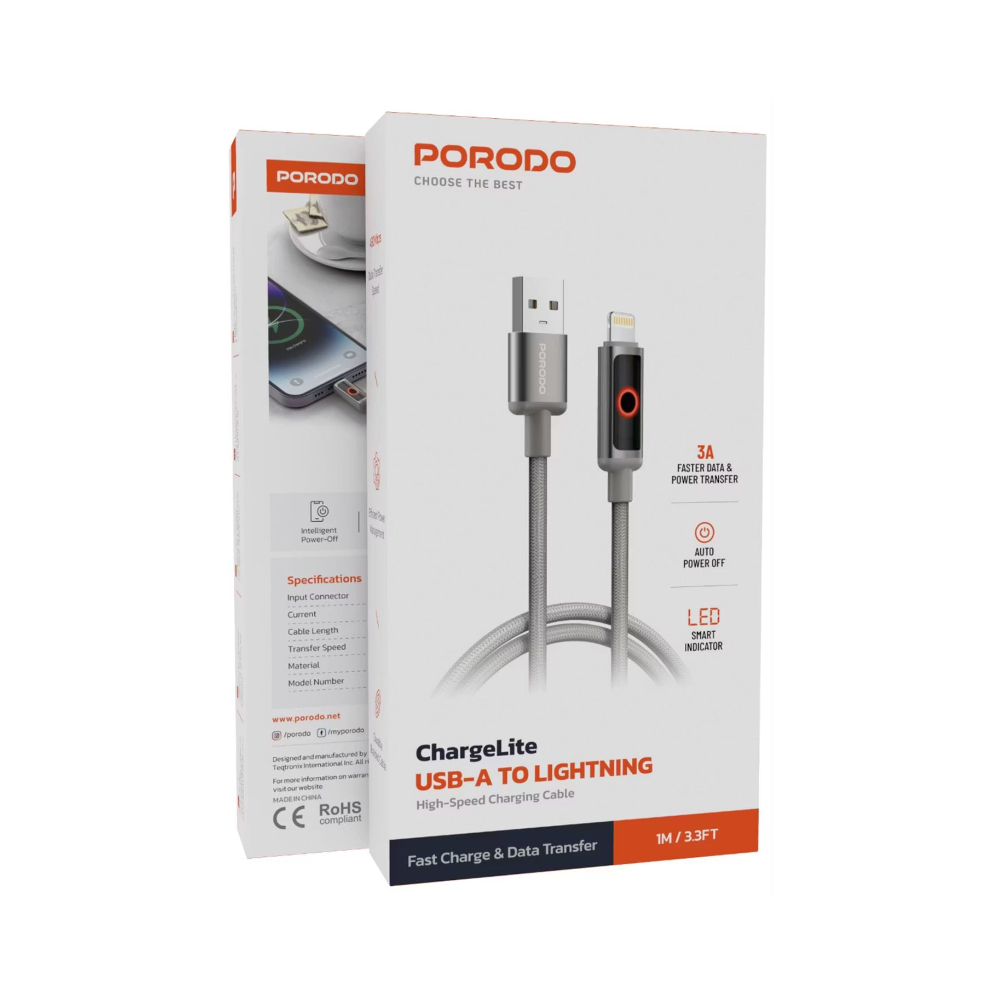 Porodo Charge Lite USB-A to Lightning Cable with High-Speed Charging, Braided & Aluminum Alloy Material, 1m Cable Length, 480Mbps Transfer Speed, Protect Battery - Gray